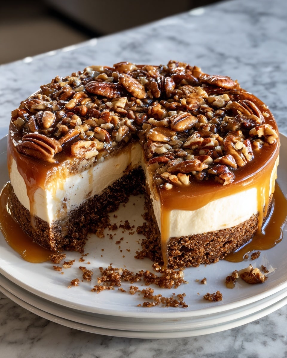 A round cake sits on a white plate, showing three clear layers: a dark brown crumbly base, a thick middle layer of smooth white cream, and a top layer of sticky caramel sauce covered fully with whole and halved pecans, giving a rich texture. One slice is cut out, revealing the layers and some crumbly pieces on the plate, while caramel sauce drips slightly down the side. The cake rests on a table with a white marbled texture in soft natural light. Photo taken with an iphone --ar 4:5 --v 7