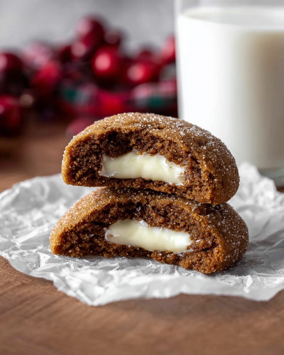Two halves of a soft cookie with a rough, slightly grainy brown outer layer covered in sugar crystals sit on a piece of crumpled white paper. Inside, there is one thick layer of creamy, smooth white filling. The cookie is placed on a wooden surface with a blurred glass of milk and red berries in the background, all set against a white marbled texture. photo taken with an iphone --ar 4:5 --v 7