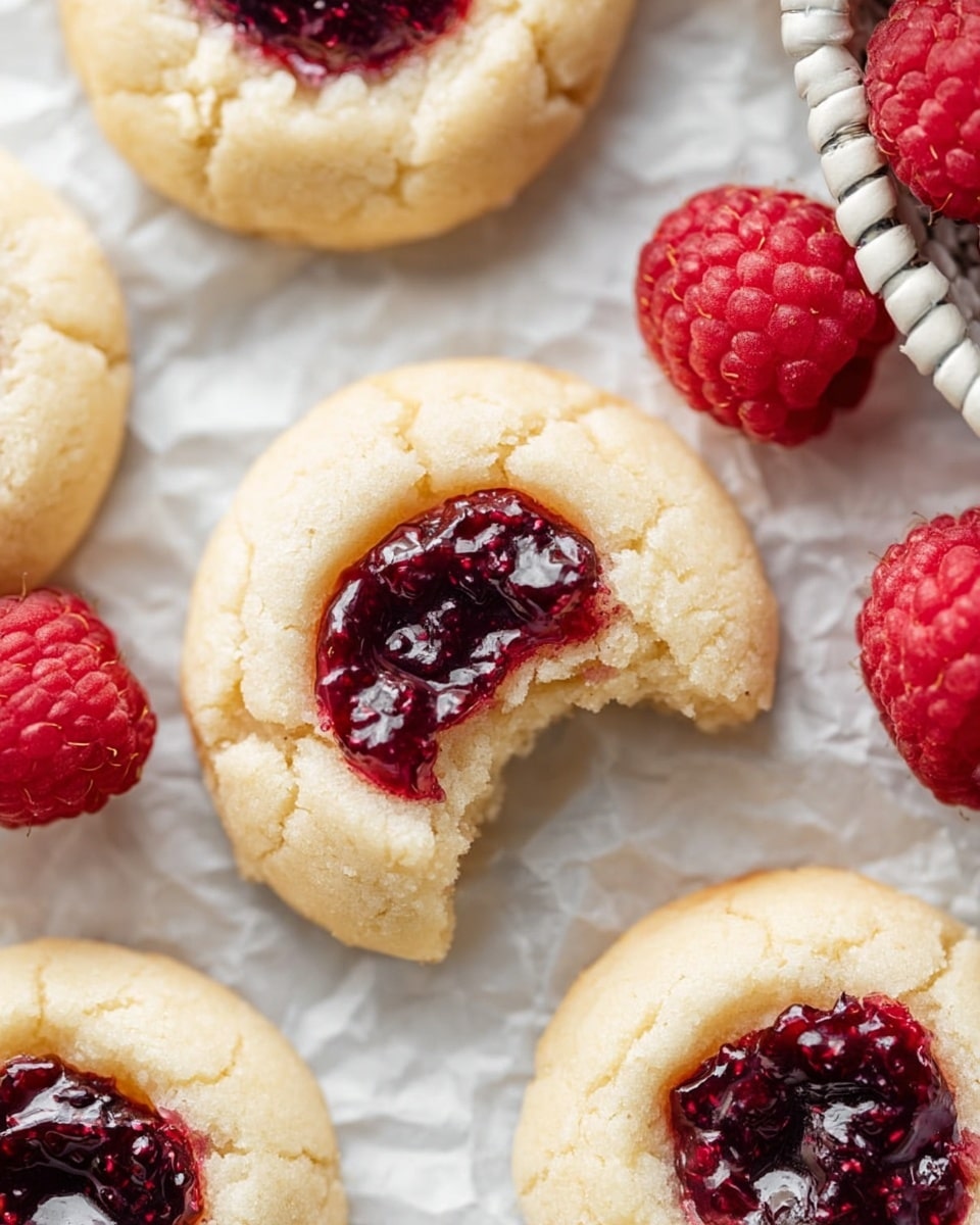 The image shows soft, round thumbprint cookies with a light pale yellow dough, each having a small central well filled with glossy dark red berry jam. One cookie in the middle has a bite taken out of it, revealing a tender crumb inside. The cookies rest on crinkled white parchment paper over a white marbled surface, surrounded by fresh bright red raspberries that add a fresh brightness to the scene. Part of a white cooling rack is visible on the top right, holding more cookies. photo taken with an iphone --ar 4:5 --v 7