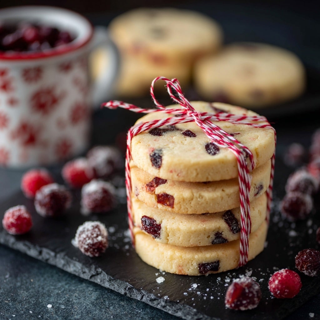 A stack of five round, pale yellow cookies with dark red dried fruit bits is tied neatly with red and white striped string, sitting on a black slate surface. The cookies have a smooth texture with visible small chunks of fruit scattered evenly throughout. Around the stack, loose red and dark purple berries are scattered on a white marbled background, giving a festive look. In the background, more cookies lay flat, slightly out of focus, and a white mug with red patterns is partially visible. photo taken with an iphone --ar 4:5 --v 7