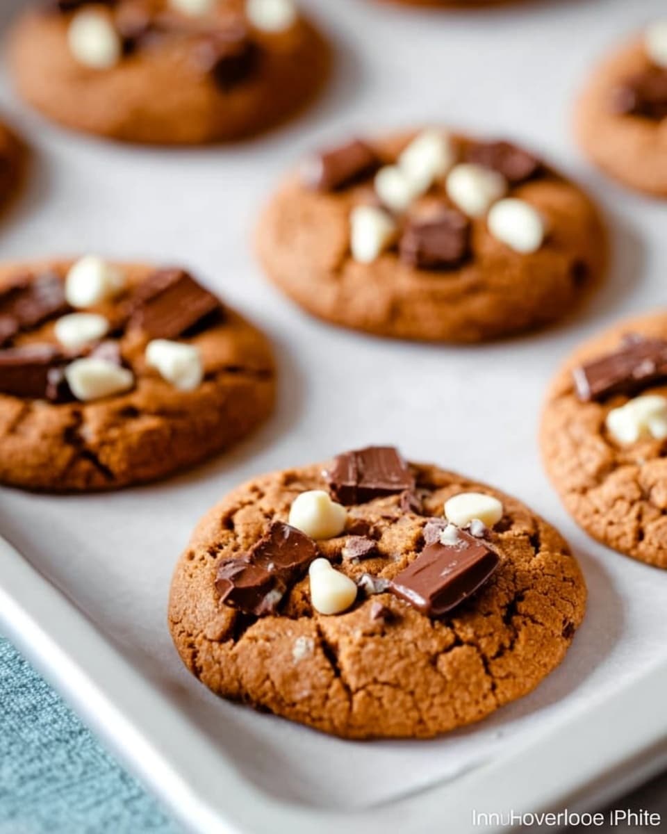 The image shows a white baking tray with several round cookies on white parchment paper, each cookie having a soft, slightly cracked texture in a warm brown color. On top of the cookies are chunks of dark chocolate and scattered small white chocolate chips, adding contrast and depth to the brown cookie base. The cookies appear fresh and homemade, evenly spaced on the tray, which is placed on a white marbled surface. Photo taken with an iphone --ar 4:5 --v 7