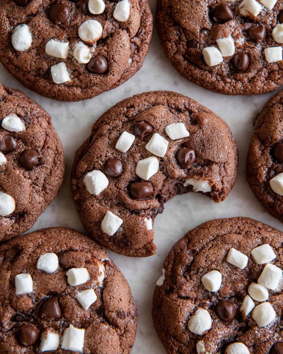 Several round chocolate cookies with a soft texture are laid out closely on a white marbled surface. Each cookie is topped with small white marshmallow pieces and dark chocolate chips evenly spread across the top. One cookie in the center has a bite taken out of it, showing a slightly gooey, rich chocolate inside. The cookies have a slightly cracked surface, enhancing their fresh, homemade look. photo taken with an iphone --ar 4:5 --v 7