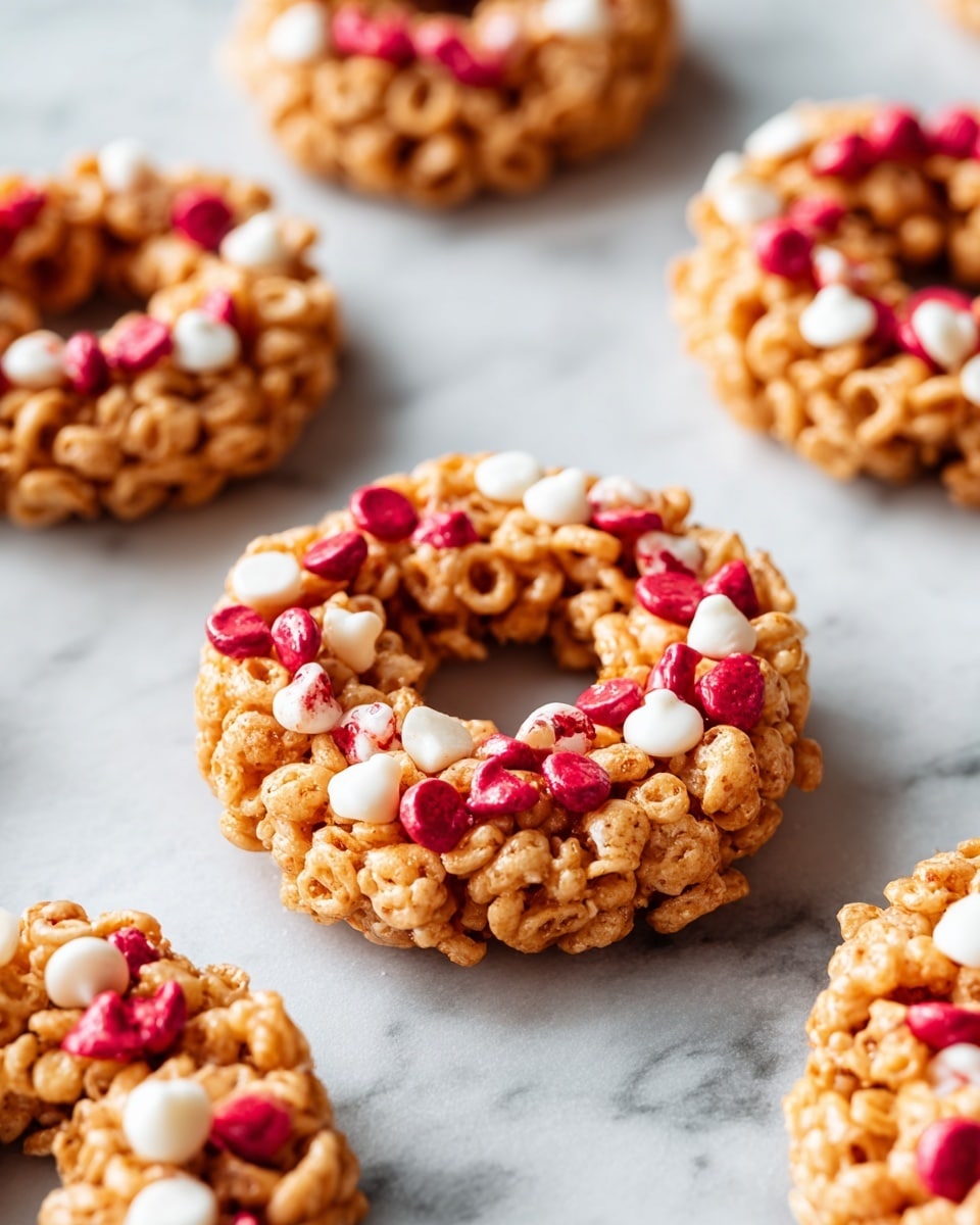 The image shows several round, donut-shaped crispy treats arranged on a white marbled surface. Each treat has a rough, crunchy texture with a golden brown color and is studded with small red and white candy pieces scattered evenly on top. The candies add pops of bright red and creamy white, contrasting with the warm tones of the crispy base. The treats are spaced out evenly, giving a clear view of the crispy texture and colorful candy decoration on each one. Photo taken with an iphone --ar 4:5 --v 7