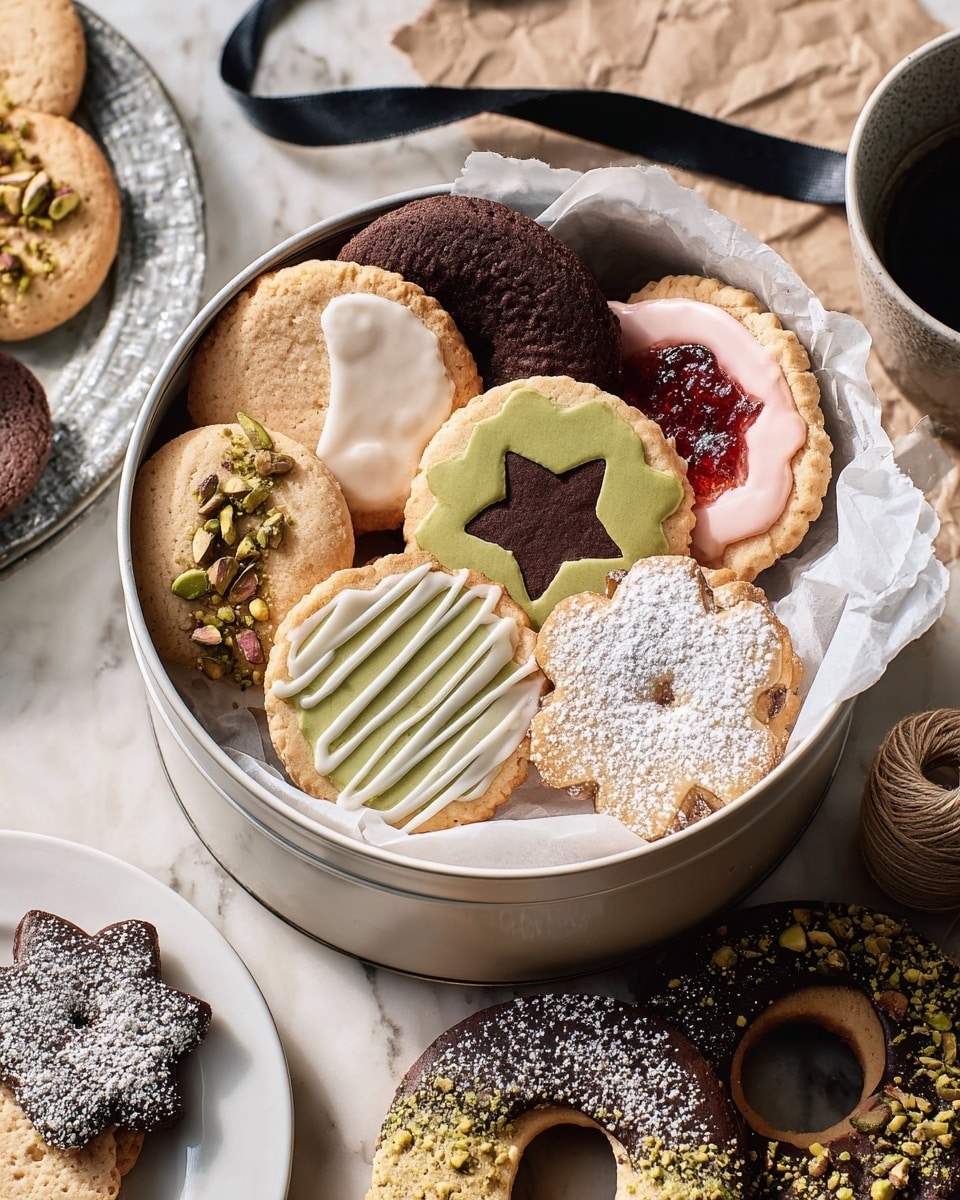 A round white tin lined with white parchment paper holds an assortment of cookies gently layered inside. At the center is a jam-filled cookie with a round outline, dusted with powdered sugar, showing deep red jam through a heart-shaped cutout. Surrounding it are dark chocolate sandwich cookies with a star-shaped center and powdered sugar on top, and chocolate cookies dipped in dark chocolate and topped with chopped pistachios forming a rough ring. A green cookie with a pale heart at its center rests beside a star-shaped chocolate cookie with white drizzle. There are also sugar-coated bear-shaped cookies and green sandwich cookies partially dipped in white chocolate and sprinkled with crushed pistachios. The tin lid decorated with small black stars sits open on a white marbled surface beside the tin, casting soft shadows, with some crumbs scattered around. Photo taken with an iphone --ar 4:5 --v 7