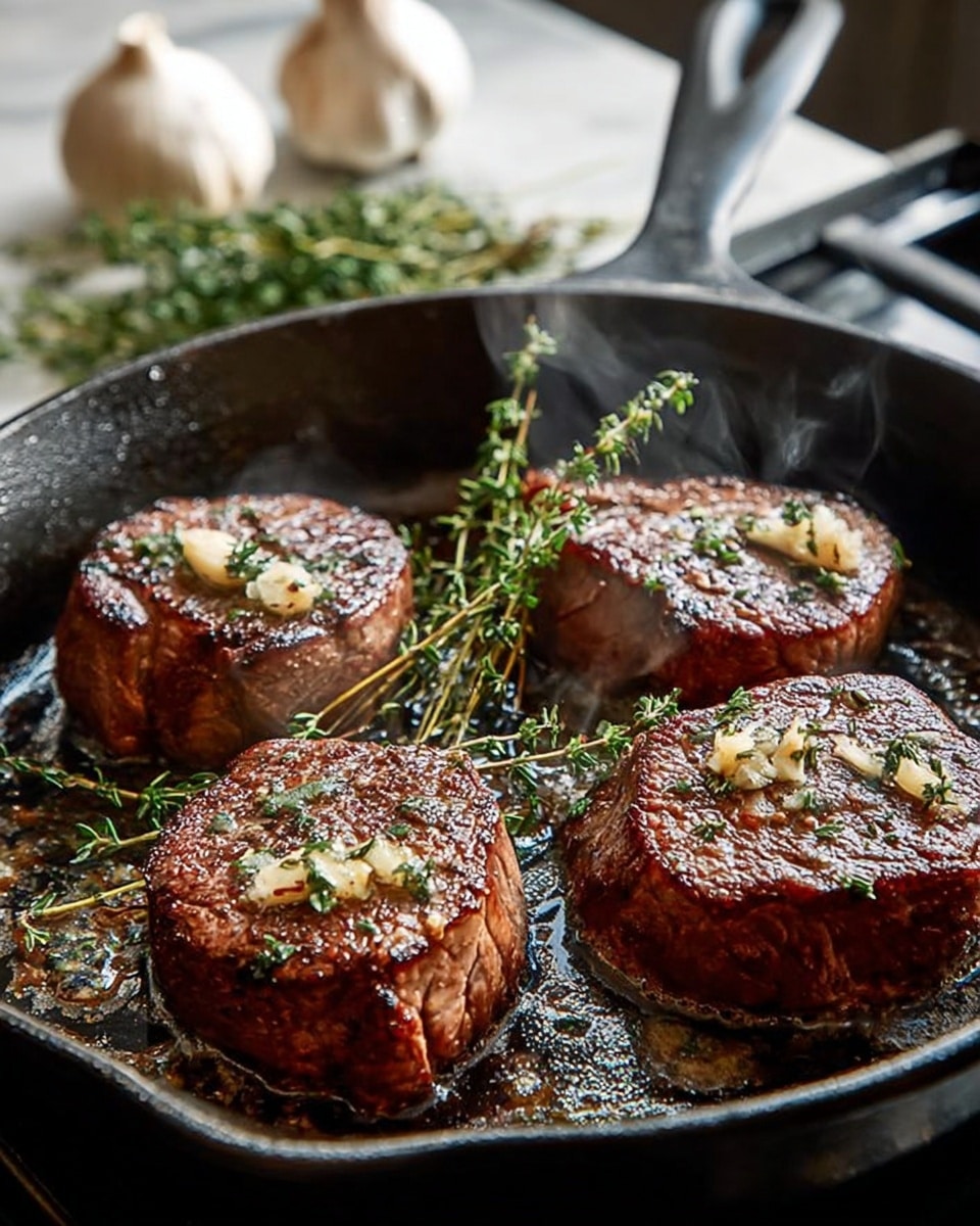 Four round grilled steaks with dark brown grill marks are lined up on a long white plate. Each steak has a slightly charred crust with visible seasoning and is topped with small green herb pieces. The steaks sit in a shallow pool of glossy brown sauce that spreads across the plate. The texture of the steaks looks juicy and tender. The plate rests on a white marbled surface. Photo taken with an iphone --ar 4:5 --v 7
