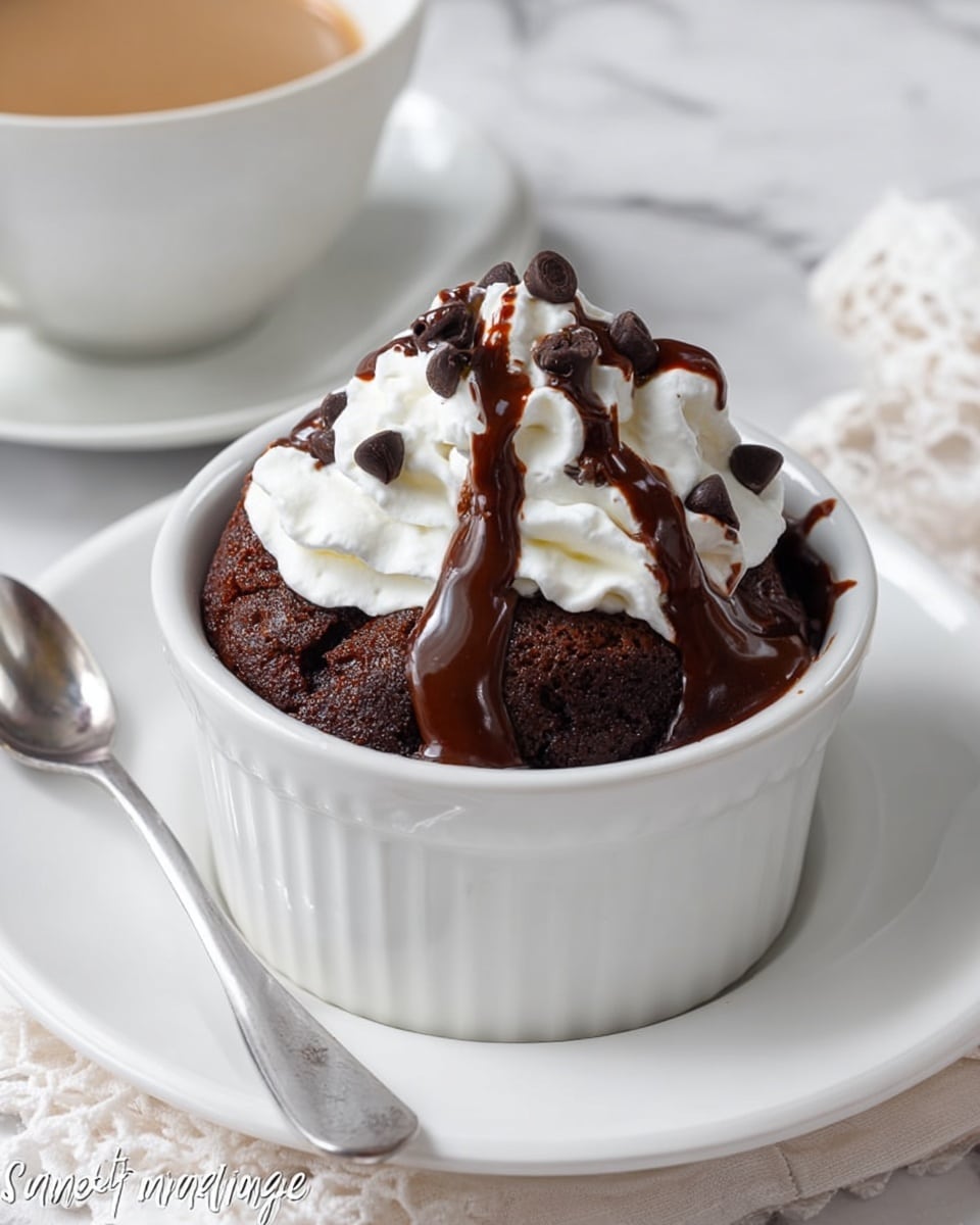 A white ceramic ramekin holds a rich, dark chocolate cake with a moist and slightly porous texture, rising just above the rim. On top, a swirl of fluffy white whipped cream contrasts with the cake, and a smooth drizzle of glossy chocolate sauce flows down over the cream and cake, mixed with scattered dark chocolate chips. The ramekin sits on a white ceramic plate, on a white marbled textured surface, with a white cup of beige coffee blurred softly in the background. Photo taken with an iphone --ar 4:5 --v 7