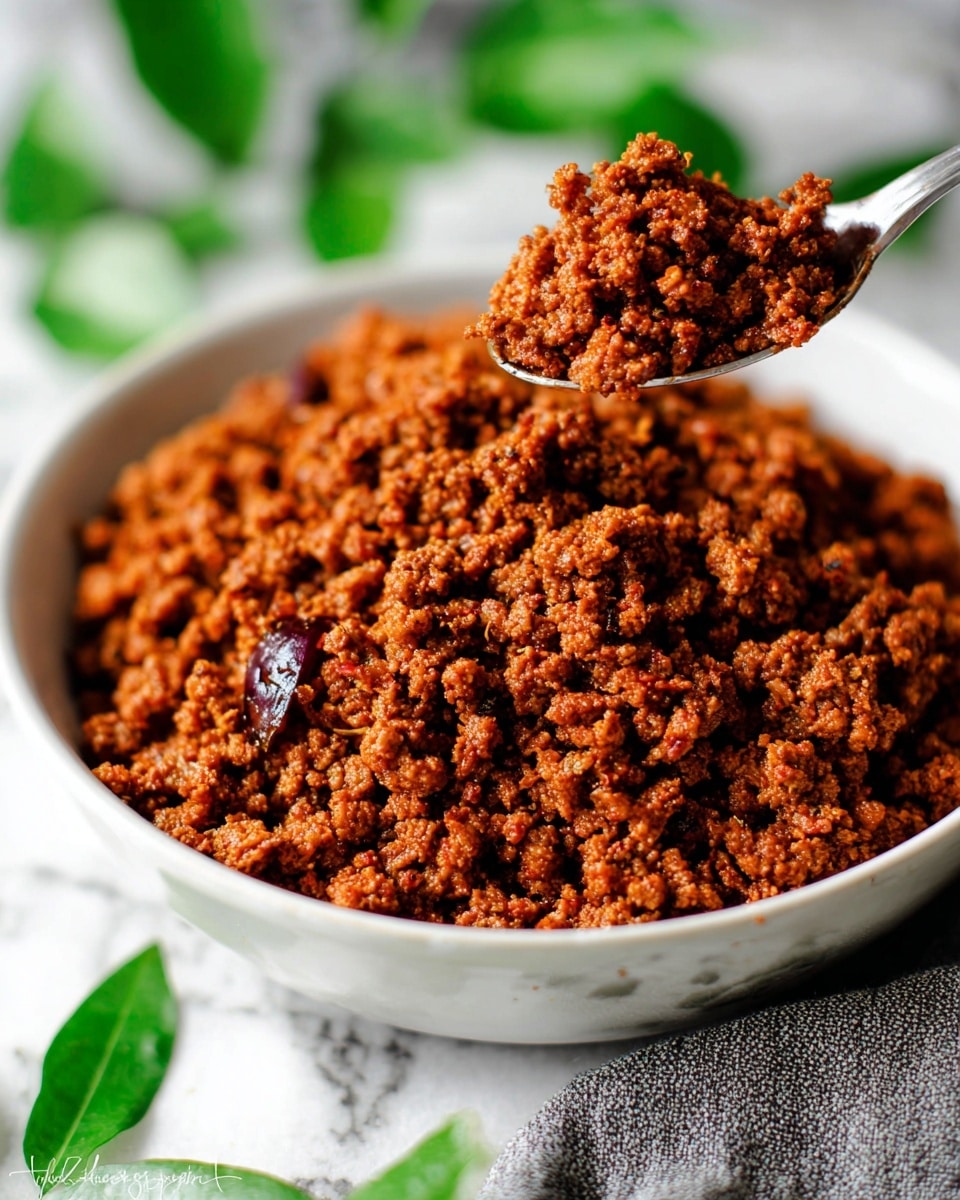 A close-up image shows a white bowl filled with finely chopped cooked meat that has a crumbly texture and a rich reddish-brown color, seasoned with spices. A spoon above the bowl holds more of the same cooked meat, showing small bits of onion mixed in. The dish sits on a white marbled surface with blurred green leaves in the background, and part of a gray cloth is visible in the lower part of the image. Photo taken with an iphone --ar 4:5 --v 7