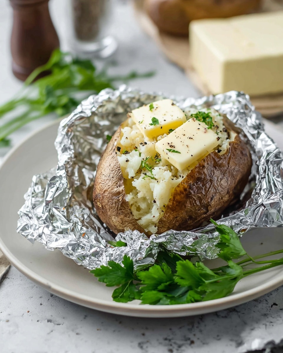 A baked potato wrapped in crumpled silver foil sits open on a white plate, showing three layers inside: the skin layer is brown and slightly rough with black pepper spots, the middle layer is fluffy white mashed potato, and the top has two small cubes of pale yellow butter melting with green parsley leaves and black pepper sprinkled over. A sprig of fresh green parsley rests beside the plate on a white marbled surface, with a blurred salt shaker and butter block in the background. photo taken with an iphone --ar 4:5 --v 7