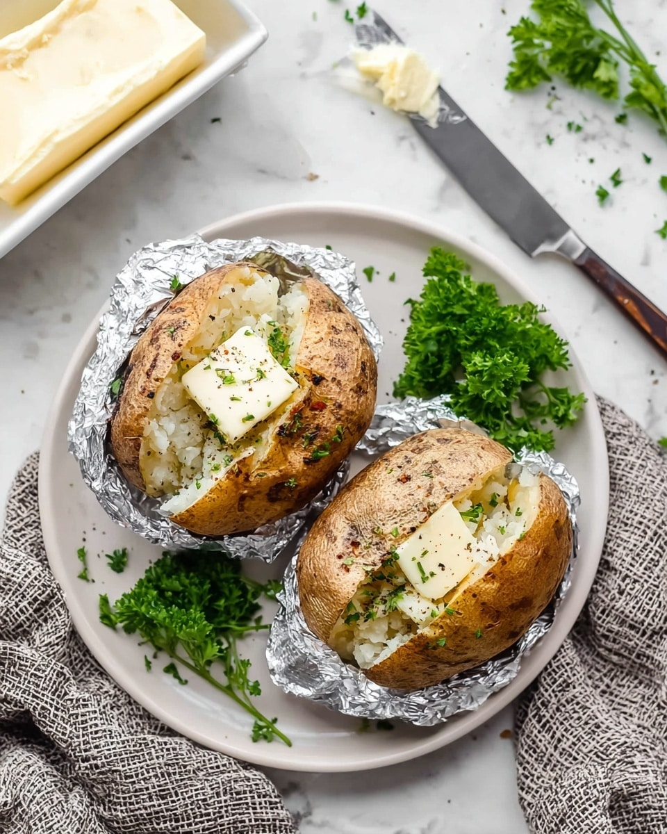 The image shows two baked potatoes wrapped in crinkled silver foil, placed on a white round plate with a white marbled surface beneath. Each potato has a crispy brown skin with a fluffy white inside, topped with a square of melting butter and sprinkled with black pepper and small green parsley leaves. Around the plate, there are extra fresh parsley sprigs, and in the background, a white rectangular dish holds more butter with a spreading knife resting on it, all set against a white marbled surface with a folded textured gray cloth nearby. photo taken with an iphone --ar 4:5 --v 7