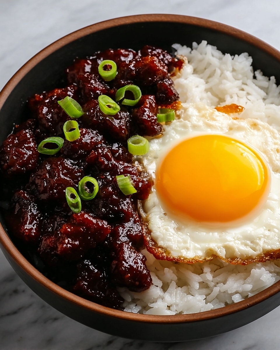 A close-up of a dark bowl filled with white rice at the bottom, topped on one side with glossy, dark brown pieces of meat in thick sauce and on the other side with a sunny-side-up egg with a bright yellow yolk and slightly crispy white edges. Thin green onion rings are scattered on top of the meat and egg, adding a fresh touch. The bowl is placed on a white marbled surface. photo taken with an iphone --ar 4:5 --v 7