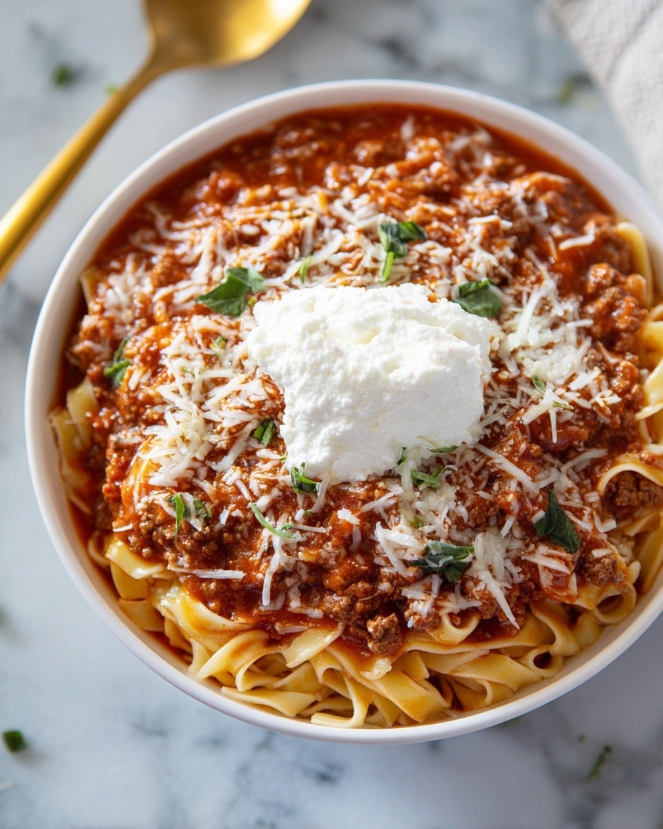 A white bowl filled with a thick layer of cooked pasta covered in a rich red meat sauce mixed with ground beef pieces, topped with a layer of shredded white cheese and small green basil pieces scattered around. On top, there is a dollop of smooth, white ricotta cheese placed slightly off-center. The bowl is on a white marbled surface with part of a golden spoon visible to the left. photo taken with an iphone --ar 4:5 --v 7