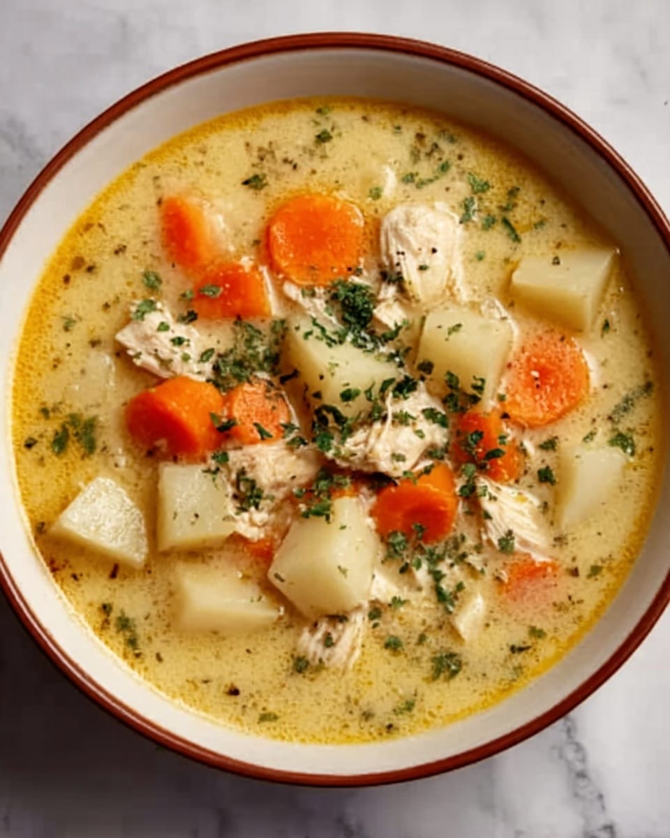 A white bowl filled with creamy chicken soup sits on a white marbled surface. The soup has a light beige broth with visible chunks of white chicken, light golden potatoes, and bright orange carrots scattered evenly inside. The dish is garnished with finely chopped green herbs sprinkled on top, adding a fresh touch. The broth looks smooth with small flecks of black pepper spread around. Photo taken with an iphone --ar 4:5 --v 7