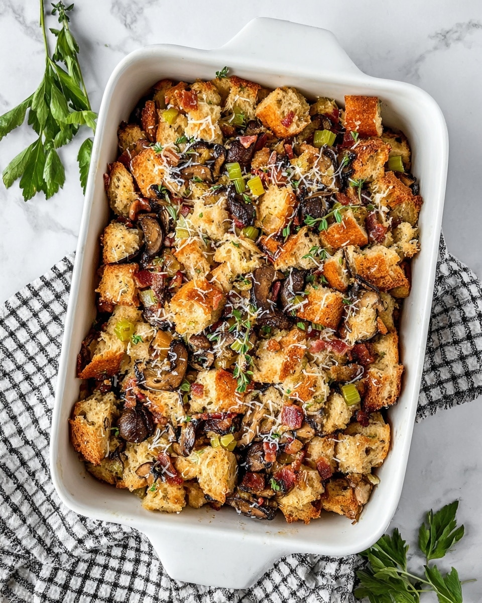 The image shows a white square baking dish filled with a layered bread stuffing. The top layer has golden brown toasted bread chunks mixed with cooked mushrooms that are dark brown and slightly shiny, soft pale green celery pieces, and bits of cooked bacon with a reddish-brown color. The stuffing is sprinkled with finely grated cheese and small green herb leaves scattered on top. The texture looks crunchy on the bread pieces and soft between the mix-ins. The dish is placed on a white marbled surface with a black and white checkered cloth partially under the dish and fresh green herbal leaves nearby. photo taken with an iphone --ar 4:5 --v 7