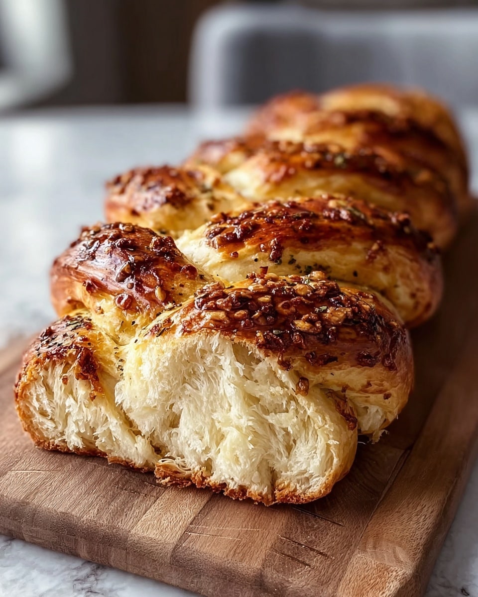 A freshly baked braided bread loaf rests on a wooden board, showing a close-up view of its detailed texture. The bread has three thick braided segments forming a soft, fluffy interior with a light cream color. The crust is golden brown with shiny caramelized spots covered in a crunchy layer of browned garlic and herb bits, adding texture and color contrast on top. The braided shape creates visible folds and ridges with a slightly glossy finish from a glaze. The background includes soft, neutral tones with out-of-focus chairs and a white marbled texture surface under the board. photo taken with an iphone --ar 4:5 --v 7