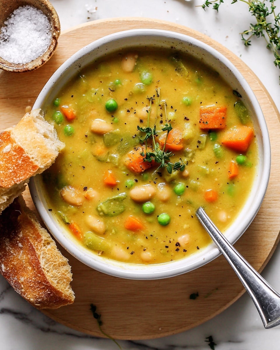 A thick yellow soup filled with small green peas, orange carrot slices, light green celery pieces, and white beans is served in a white bowl placed on a light wooden board. The soup looks creamy and chunky with visible black pepper specks. A crusty piece of bread is partially dipped on the left side of the bowl, and a silver spoon is resting on the right side inside the soup. On top of the soup, there is a small bunch of fresh green herbs. The background shows a white marbled texture with a small bowl of coarse salt on the top left and some green herb sprigs on the top right. photo taken with an iphone --ar 4:5 --v 7