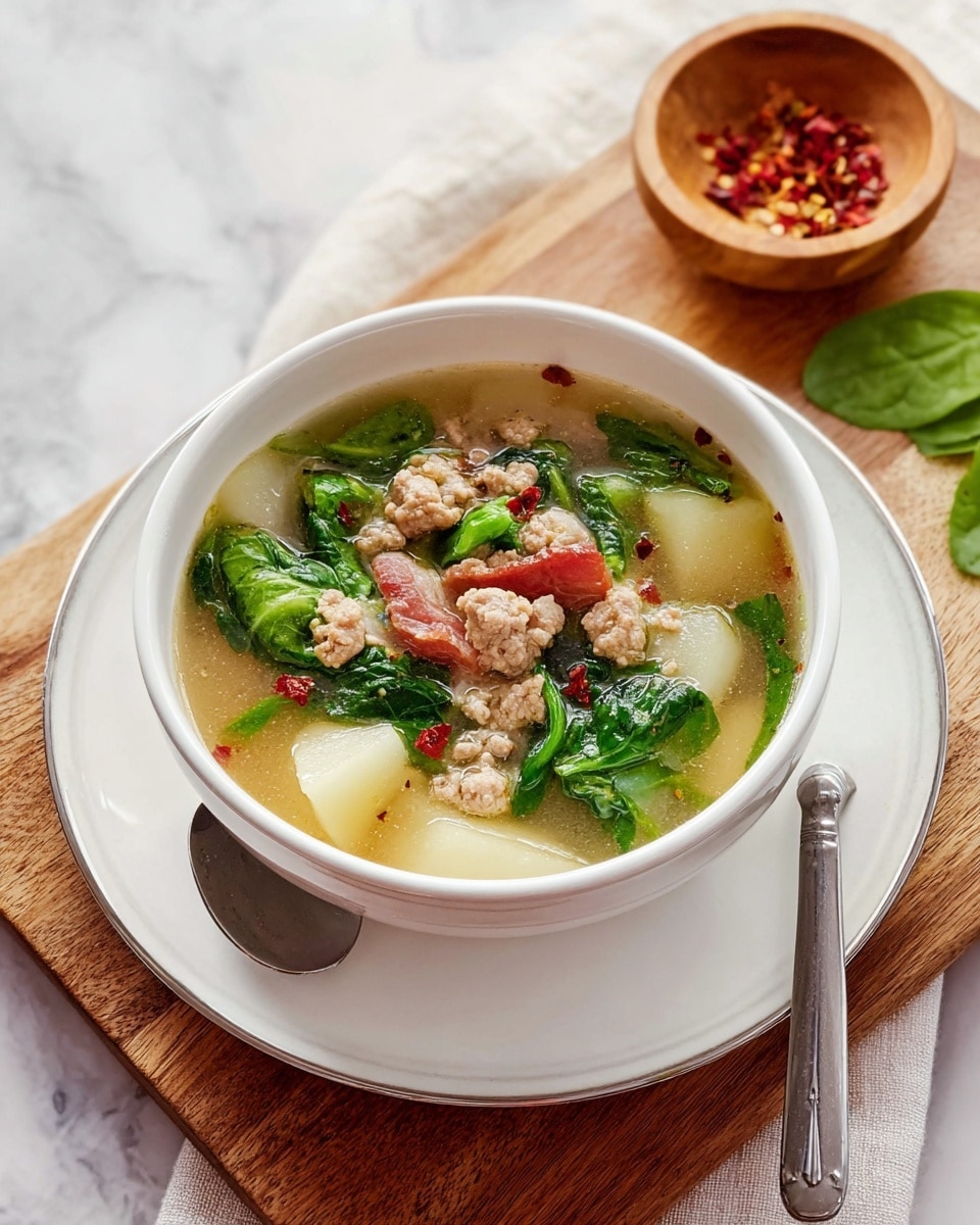 A white bowl filled with a clear broth soup sits on a white plate with a silver rim, placed on a wooden board with a white marbled surface underneath. The soup contains three main layers of ingredients: light brown cooked ground meat scattered throughout, chunks of white potato, and bright green spinach leaves that float around. There is also a piece of reddish cooked bacon adding a touch of color, with some small red chili flakes sprinkled on the surface. A silver spoon rests on the edge of the plate, and a small wooden bowl with red chili flakes and green leaves are placed nearby on the wooden board. Photo taken with an iphone --ar 4:5 --v 7