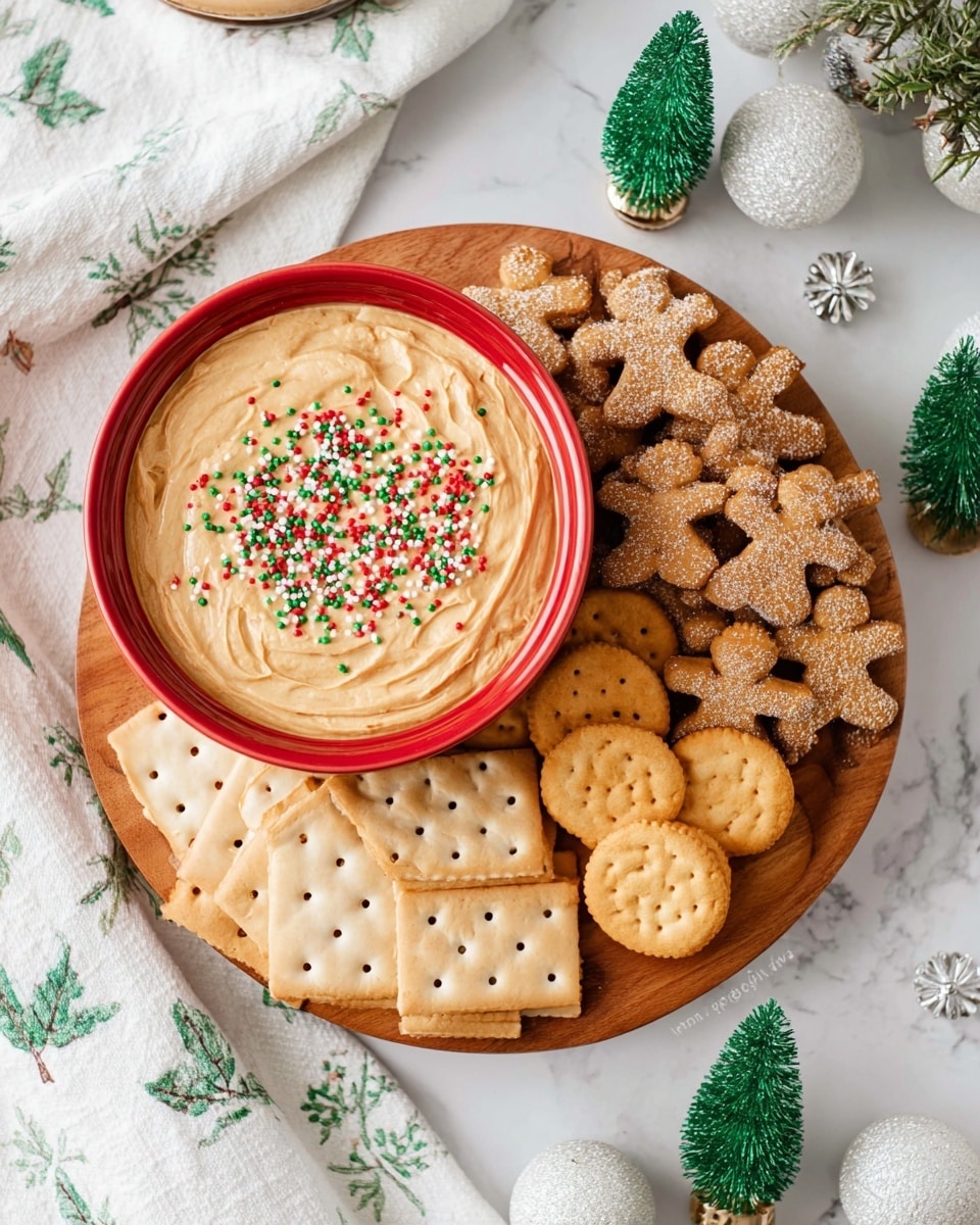A round wooden board holds a festive snack assortment on a white marbled surface. At the top left of the board, a red bowl is filled with a thick, light brown dip sprinkled with red, green, and white round sprinkles, showing smooth swirls on the surface. Surrounding the bowl are three groups of snacks: on the right, gingerbread-shaped cookies with a sandy brown color and coarse sugar texture, stacked in a loose pile; in the middle, a cluster of round, golden-brown vanilla wafers with a smooth texture; at the bottom and left, rectangular, pale beige crackers with small holes arranged in overlapping rows. The scene is decorated with small, green, glittered mini Christmas trees on the top right and white ornament balls with silver snow flakes on the bottom left. A white towel with green leaf patterns is folded in the background. photo taken with an iphone --ar 4:5 --v 7
