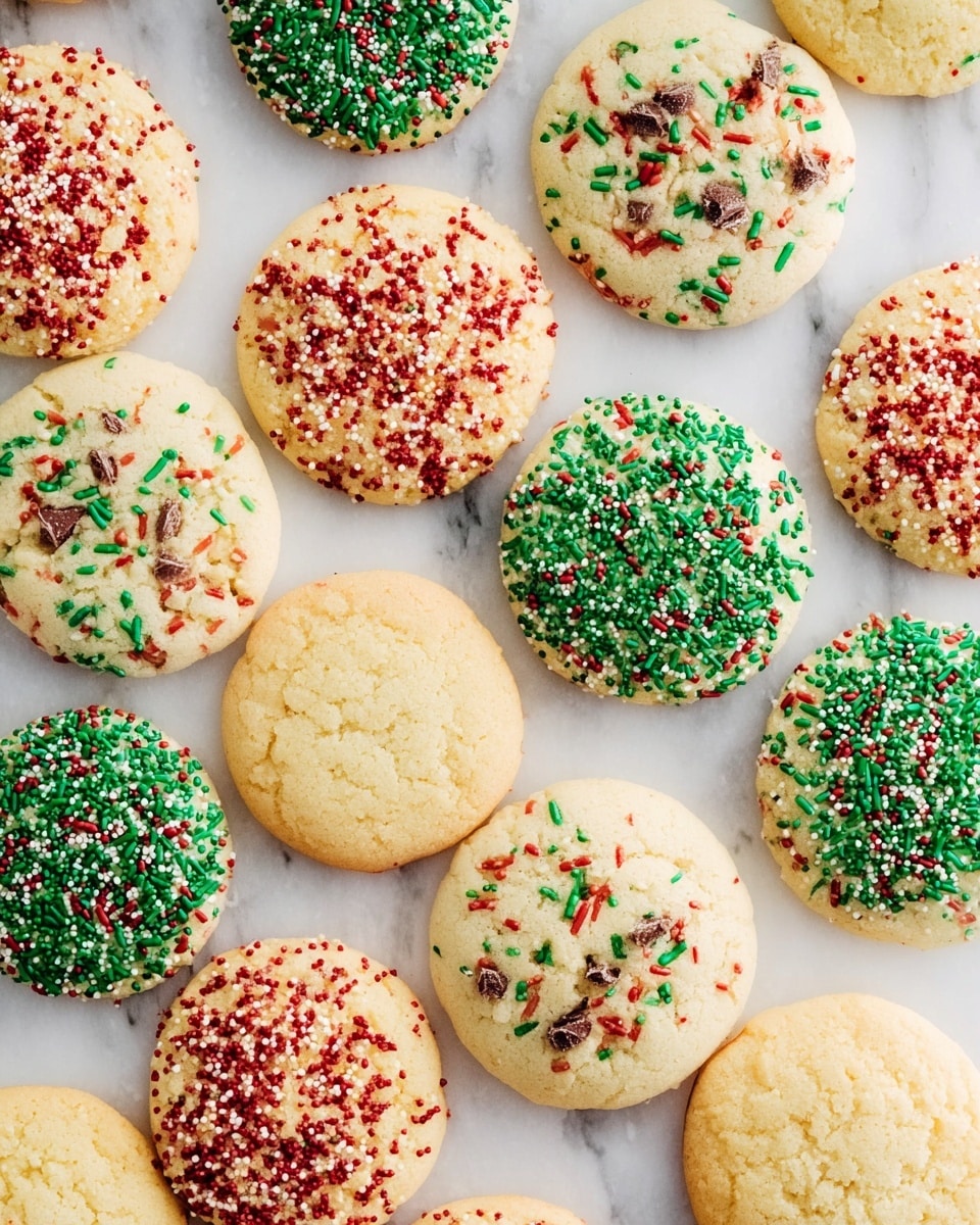 A variety of round cookies scattered on a white marbled surface, showing a mix of plain light golden cookies and decorated ones. The decorated cookies have single layers with colorful sprinkles: red, green, and white small round sprinkles cover many cookies, bright green long sprinkles on one cookie, red long sprinkles on another, and broken chocolate candy pieces with red and green bits on a few. Each cookie has a slightly rough, crumbly texture with soft edges. photo taken with an iphone --ar 4:5 --v 7