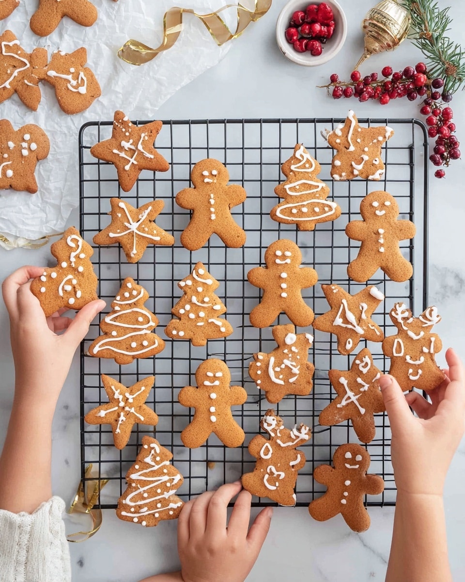 The image shows a black cooling rack filled with one-layer gingerbread cookies in different shapes, including gingerbread men with white icing faces and buttons, Christmas trees decorated with white icing lines and dots, stars covered partly or fully with white icing, and reindeer with blueberry eyes and red berry noses. The cookies are golden brown with a slightly rough texture and come in various simple festive designs. Two small hands are picking up a gingerbread man and a Christmas tree cookie from the edges of the rack. Around the rack are scattered more cookies on crumpled white paper, with some red and dark red berry decorations and a golden ribbon on the white marbled surface. photo taken with an iphone --ar 4:5 --v 7