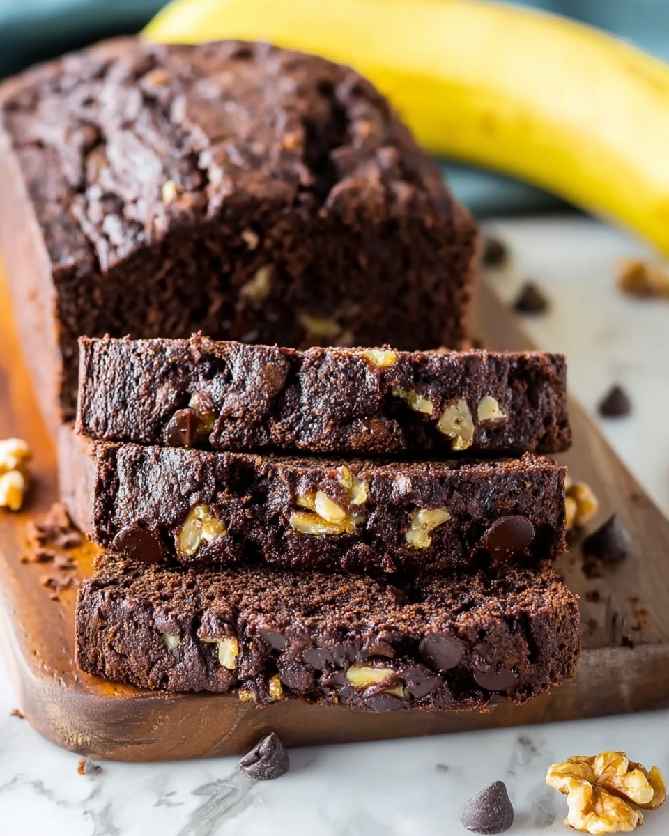 The image shows a close-up of a sliced chocolate banana bread loaf resting on a wooden board placed on a white marbled texture. The bread has a rich dark brown color with a slightly cracked top layer revealing a moist, dense interior filled with chunks of walnuts and chocolate chips scattered throughout. The slices are thick and stacked slightly tilted, showing the texture inside clearly. In the background, there is a whole yellow banana and some scattered walnut pieces and chocolate chips around the board. photo taken with an iphone --ar 4:5 --v 7