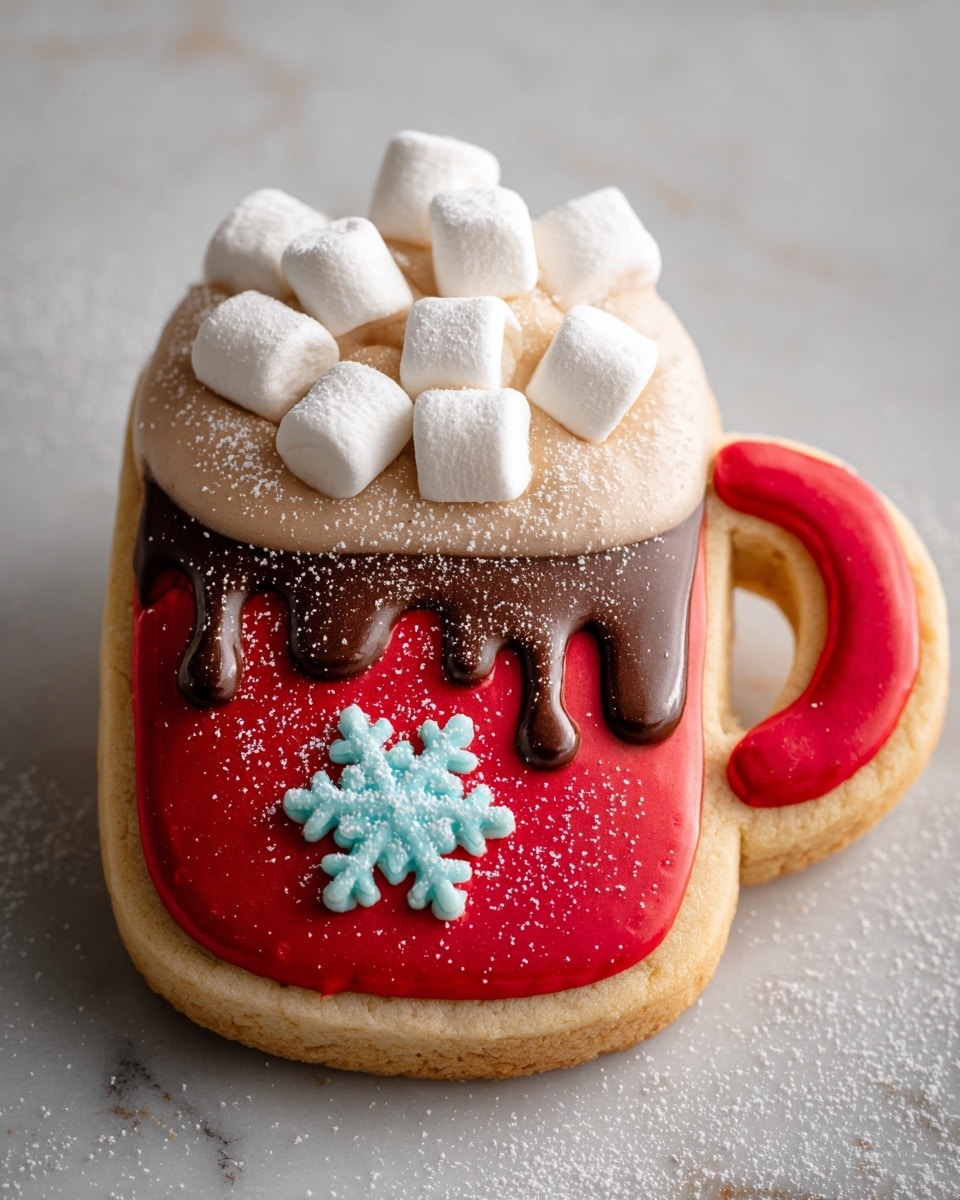A cookie shaped like a mug with three layers: the bottom layer is red icing with a small blue snowflake decoration in the center, the middle layer is brown icing that looks like dripping chocolate, and the top layer is light brown icing that simulates foam. On top of the foam icing, several white marshmallows are placed, adding a fluffy texture. The mug's handle is also covered with red icing. The cookie is resting on a white marbled surface dusted lightly with powdered sugar, and there are two similar cookies blurred in the background. Photo taken with an iphone --ar 4:5 --v 7
