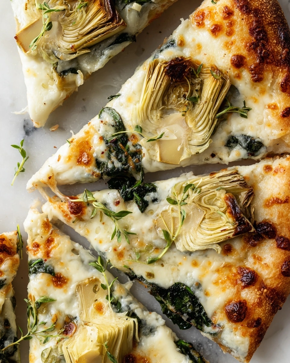 A close-up view of three slices of pizza on a white marbled surface, showing a crust that is golden brown and slightly crisp. The pizza has a white sauce base covered in melted mozzarella cheese that is bubbly and browned in spots. On top of the cheese, there are whole artichoke hearts with their pale yellow layers visible, and scattered wilted dark green spinach leaves. Small green herb sprigs are sprinkled over the pizza, adding a fresh detail. The textures range from the soft cheese stretch to the firm artichoke layers and crispy crust edges. photo taken with an iphone --ar 4:5 --v 7