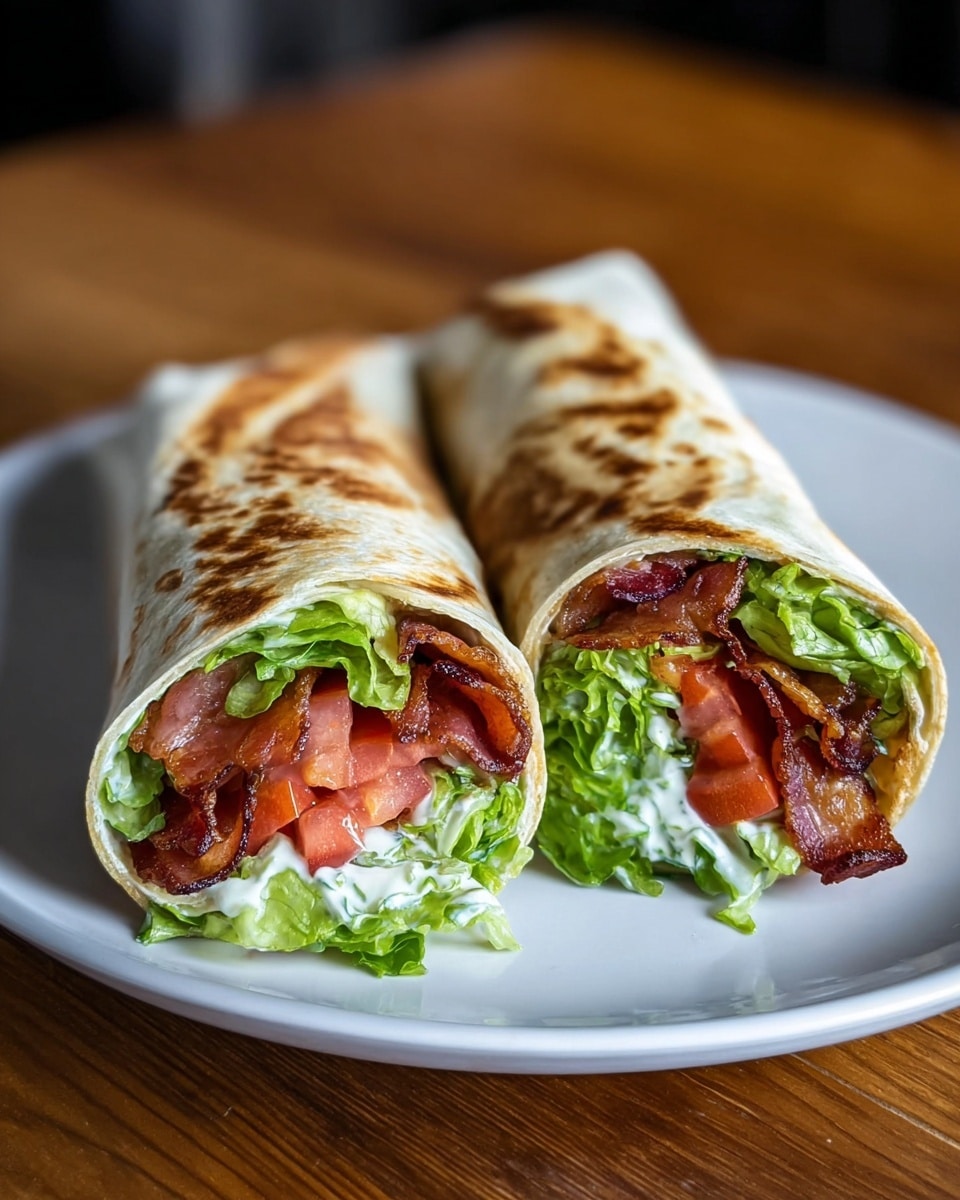 Two halves of a toasted wrap are placed side by side on a white plate, sitting on a wooden table. Each wrap is filled with bright green lettuce on top, pieces of red tomato, crispy bacon strips, and creamy white sauce near the bottom, all wrapped in a slightly browned, soft tortilla shell showing some toasted spots. The fillings are packed tightly and visible from the open ends. Photo taken with an iphone --ar 4:5 --v 7