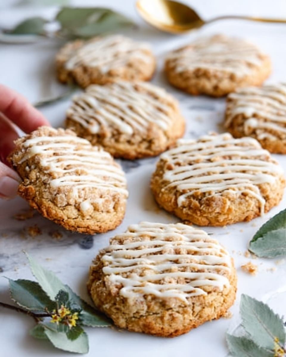 A close-up image shows four round cookies placed on a white marbled surface, each cookie topped with small crumbled pieces of a light brown streusel-like topping. One cookie in the center is decorated with thin white icing drizzled evenly across its surface. The cookies have a golden-brown color with a slightly cracked texture. Nearby, a wooden honey dipper lies on the surface, adding a touch of warmth to the scene. photo taken with an iphone --ar 4:5 --v 7