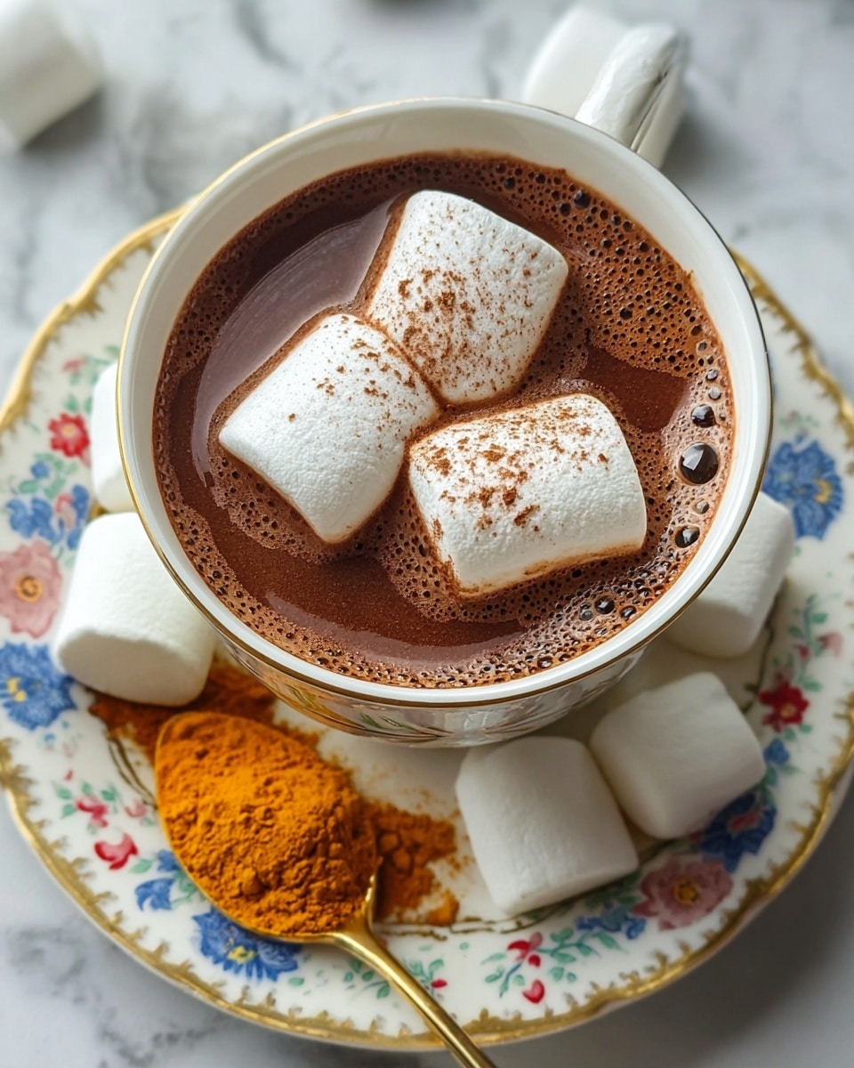A white cup filled with rich, dark brown hot chocolate topped with three large white marshmallows that are lightly dusted with cocoa powder. The cup sits on a white floral-patterned saucer with blue and orange flowers and gold trim. Around the cup and saucer, there are several large white marshmallows scattered on a white marbled surface. A golden spoon full of bright orange powder, likely turmeric or a spice, rests on the saucer near the cup. Photo taken with an iphone --ar 4:5 --v 7