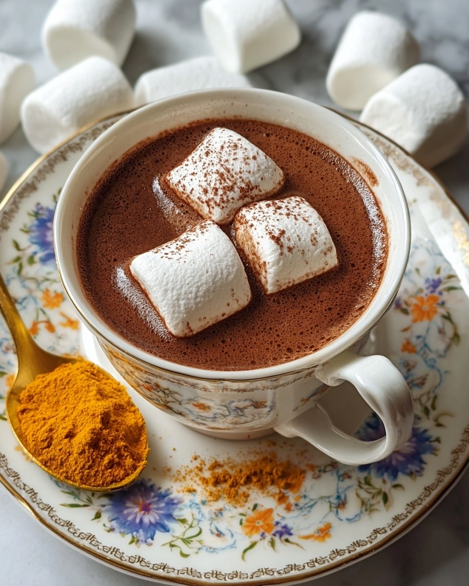 A white cup filled with dark brown hot chocolate topped with three large white marshmallows, each with a light dusting of brown cocoa powder. The hot chocolate surface shows small bubbles around the marshmallows. The cup sits on a white saucer decorated with blue, red, and orange floral patterns and thin gold trim. Scattered around the cup on the saucer are more white marshmallows, and a golden spoon filled with bright orange turmeric powder rests on the edge. The scene is set on a white marbled surface, giving a clean and bright background. photo taken with an iphone --ar 4:5 --v 7