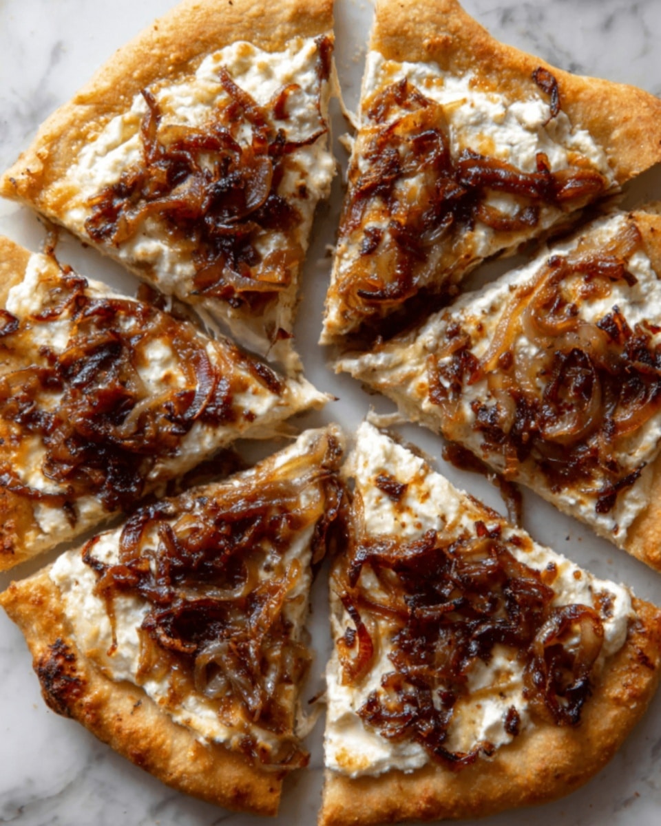 A round pizza cut into six slices sits on a white marbled surface. The thin crust is golden brown and slightly crispy. The first layer is a creamy white cheese spread evenly, topped with a generous amount of cooked caramelized onions that look soft and shiny with a deep brown color. Each slice shows the mix of melted cheese and onions in uneven spots, adding texture and a rustic appearance. The pizza is warm and inviting, perfect for sharing. Photo taken with an iphone --ar 4:5 --v 7