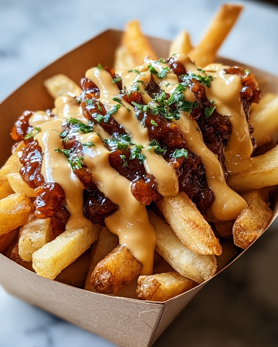 A close-up view of a serving of French fries in a brown paper container, filled to the top with golden, crispy fries as the base layer. On top, there is a thick layer of dark brown, crispy fried meat pieces, creating a rough texture. The entire dish is drizzled generously with a light beige creamy sauce, which has a smooth and slightly shiny texture. Small green herb pieces are sprinkled over the sauce, adding a fresh touch of color. The background is a white marbled texture. photo taken with an iphone --ar 4:5 --v 7