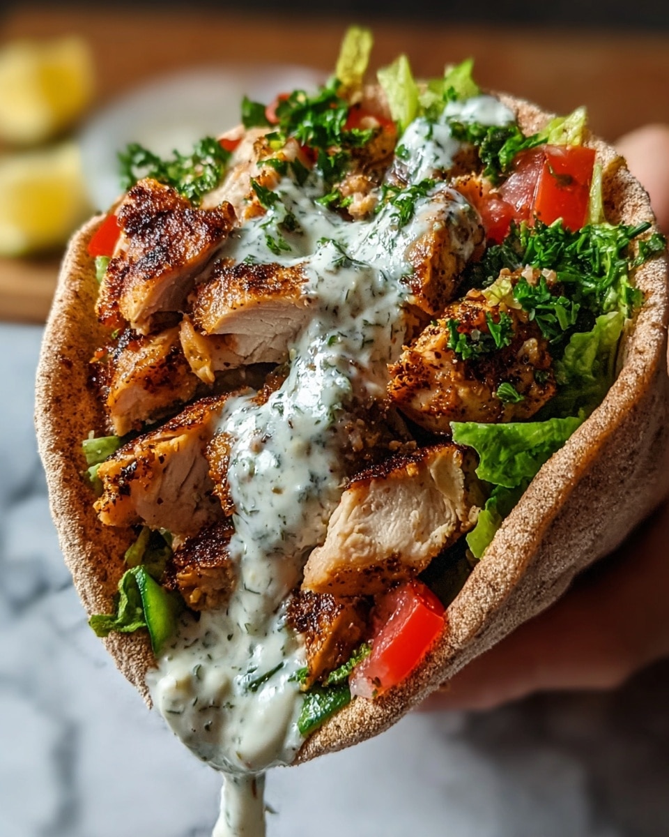A close-up view of a wrap filled with three layers: the bottom layer is chopped green lettuce mixed with herbs, the middle layer has grilled chicken chunks with a crispy, dark brown char, and the top layer shows creamy white sauce with green herb specks being poured over the chicken. The wrap is rolled in lightly toasted flatbread with a golden-brown edge and is positioned on a wooden board with a blurred white marbled texture in the background. Photo taken with an iphone --ar 4:5 --v 7