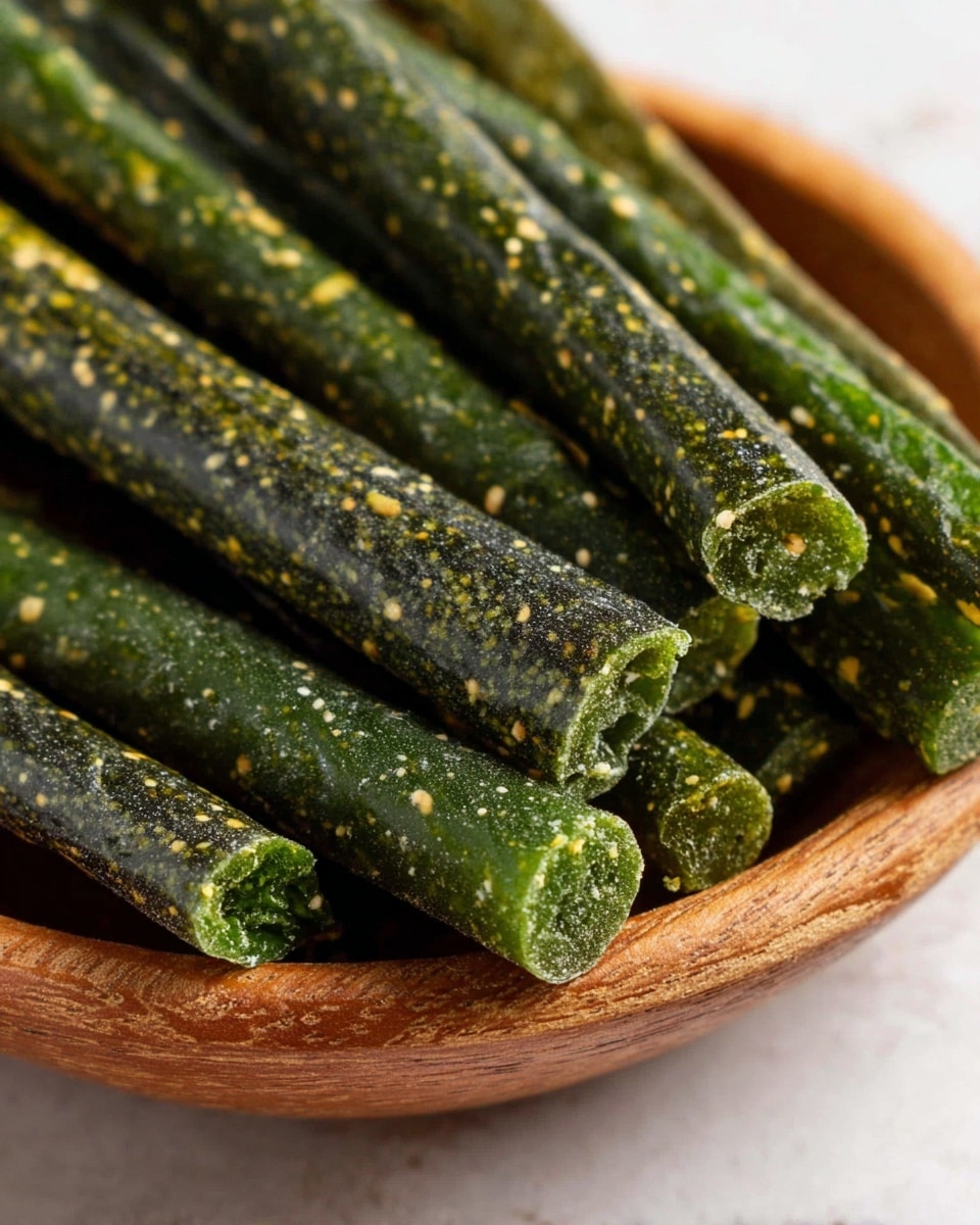 The image shows several thick, dark green sticks with a shiny, speckled texture filled with small light green and yellow bits, stacked closely inside a white bowl made of wood. The sticks are neatly piled, with some laying parallel and others slightly angled, revealing their hollow ends that show a dense and slightly crumbly interior. The surface beneath the bowl is a white marbled texture, giving a clean, bright look to the scene. photo taken with an iphone --ar 4:5 --v 7
