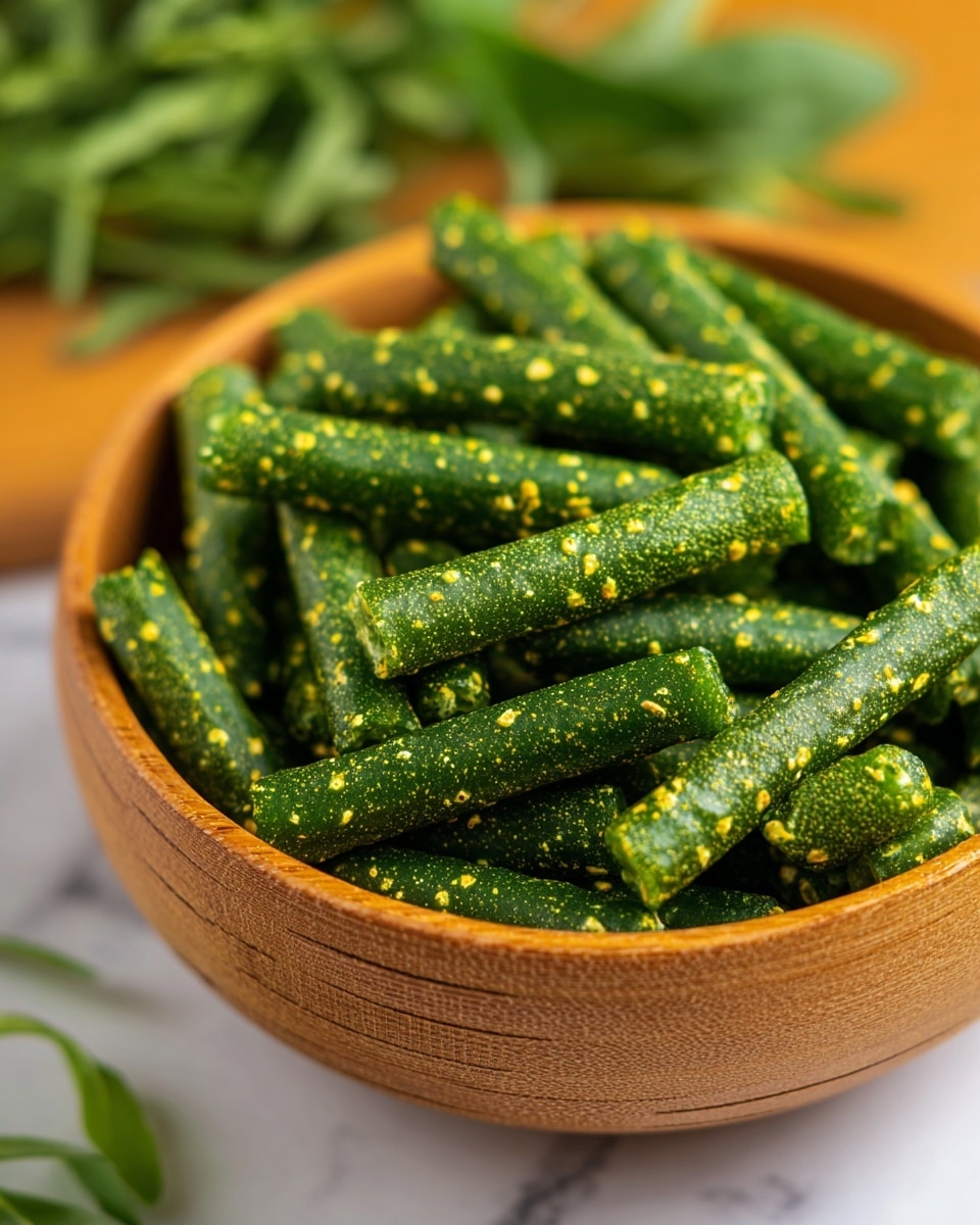 A close-up image shows a wooden bowl filled with bright green, stick-shaped snacks that have a speckled texture with light yellow and white spots. Each stick is uniform in size and arranged randomly inside the bowl, creating a visually appealing pile. The background is softly blurred with more of the green sticks out of focus and some green leafy herbs in the corner, all placed on a white marbled surface. Photo taken with an iphone --ar 4:5 --v 7