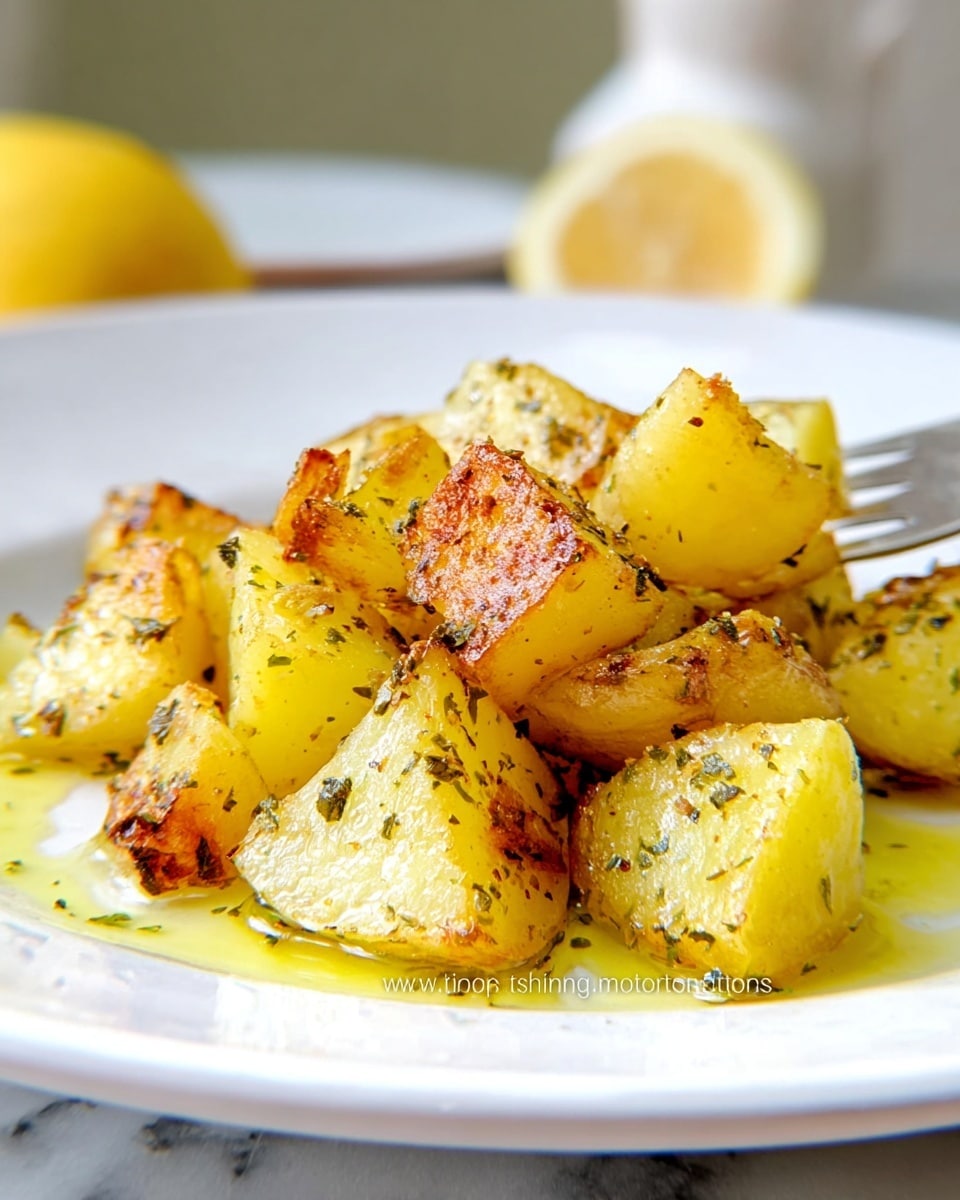 The image shows a close-up of a white plate with several pieces of golden roasted potatoes piled in the center. The potato pieces are cut into irregular chunks with a slightly crispy texture, showing a light brown and yellow color with visible bits of herbs and seasoning sprinkled on top. A small pool of melted butter or oil surrounds the potatoes, adding a shiny, moist look to the dish. The background is a white marbled texture, and a blurred lemon wedge and fork are faintly visible in the back, creating a warm and appetizing atmosphere. photo taken with an iphone --ar 4:5 --v 7
