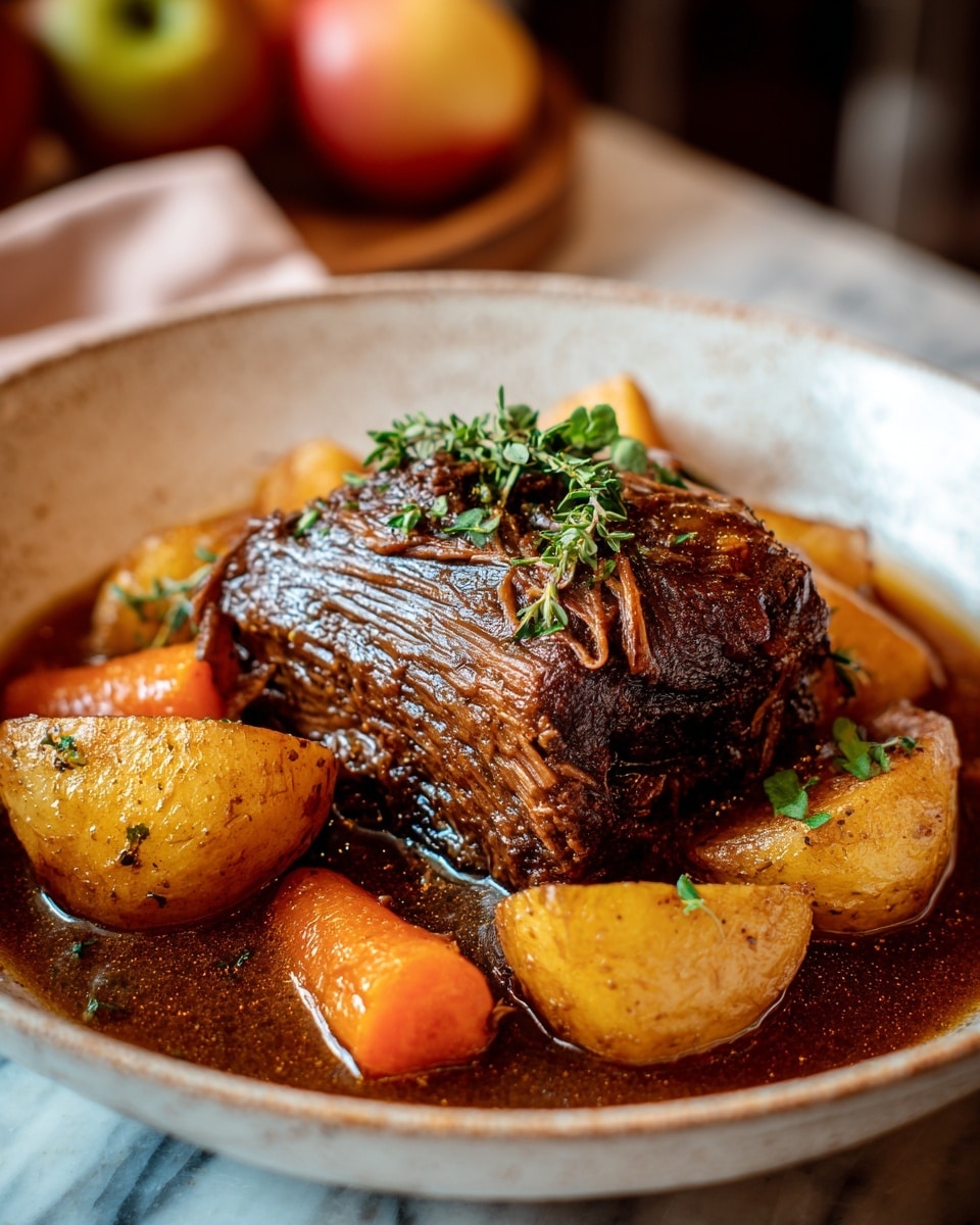 A rustic dish features a thick, dark brown piece of braised meat with a glossy, slightly textured surface in the center of a shallow white bowl, surrounded by chunky golden-brown roasted potatoes and bright orange carrot pieces. The meat has strands pulling away, showing its tenderness, and is topped with small green herb leaves. Around the edge of the bowl, more herbs provide a fresh green contrast, while a rich, brown gravy pools at the bottom, coating the vegetables and meat. The bowl sits on a white marbled surface with apples softly blurred in the background, adding warmth to the scene. photo taken with an iphone --ar 4:5 --v 7