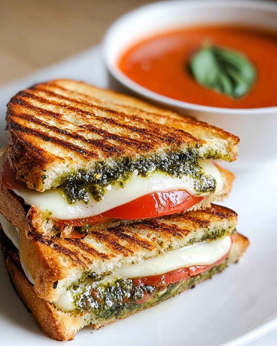 A grilled sandwich cut in half and stacked on a white plate, with two main layers inside: the first layer is melted white cheese with a smooth and gooey texture, the second layer is a bright red tomato slice, and the third layer is a dark green pesto sauce spread evenly on both slices of golden-brown toasted bread showing clear grill marks and a slightly crispy texture; in the background, there is a white bowl filled with red tomato soup topped with a green basil leaf, all set on a white marbled surface. photo taken with an iphone --ar 4:5 --v 7