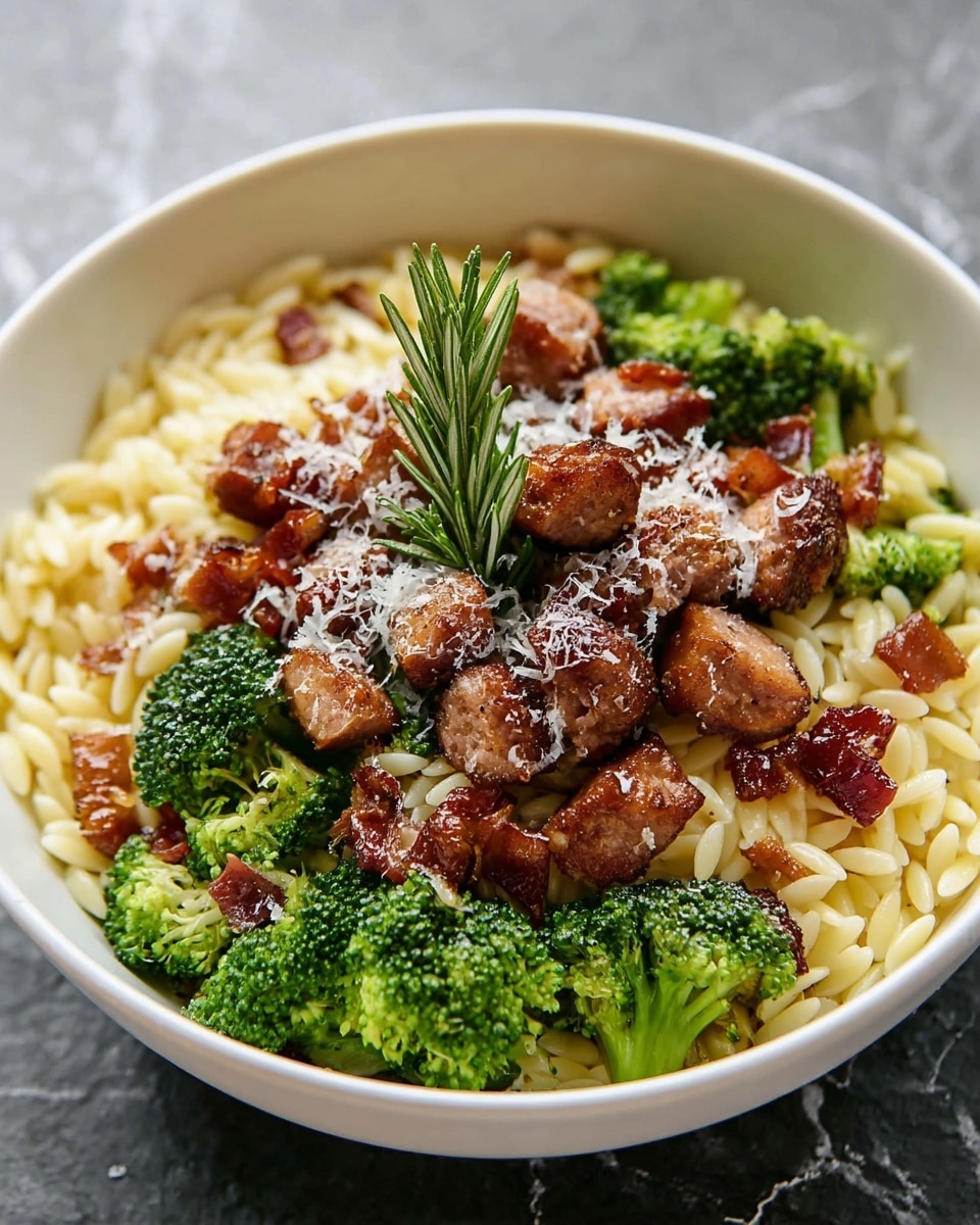 A white bowl is filled with three main layers: the first layer is small, pale yellow orzo pasta with a smooth texture covering the bottom; the second layer includes bright green broccoli florets and small pieces of reddish-brown cooked bacon scattered throughout; the third layer on top is made up of sliced, browned sausage pieces with a slightly crispy texture, sprinkled with white grated cheese and finished with a small green sprig of rosemary in the center. The bowl is placed on a white marbled textured surface. photo taken with an iphone --ar 4:5 --v 7