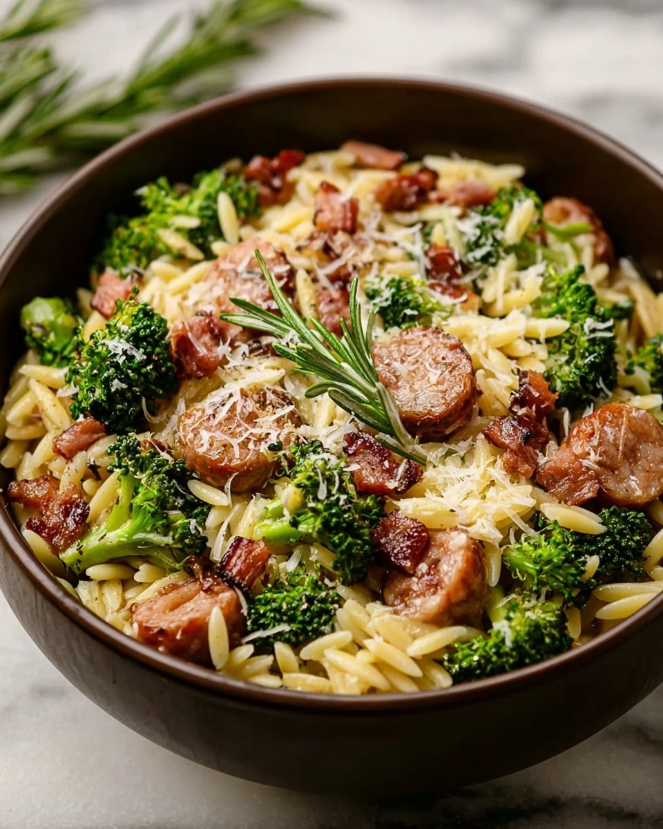 A dark brown bowl filled with a dish of orzo pasta mixed with bright green broccoli florets, small round slices of browned sausage, and crispy reddish-brown bacon bits, all topped with a sprinkle of white grated cheese and a few green sprigs of rosemary for garnish. The orzo has a light yellow color and a slightly oily texture, sitting beneath the other ingredients which are evenly spread on the top layer. The bowl is placed on a white marbled surface. Photo taken with an iphone --ar 4:5 --v 7