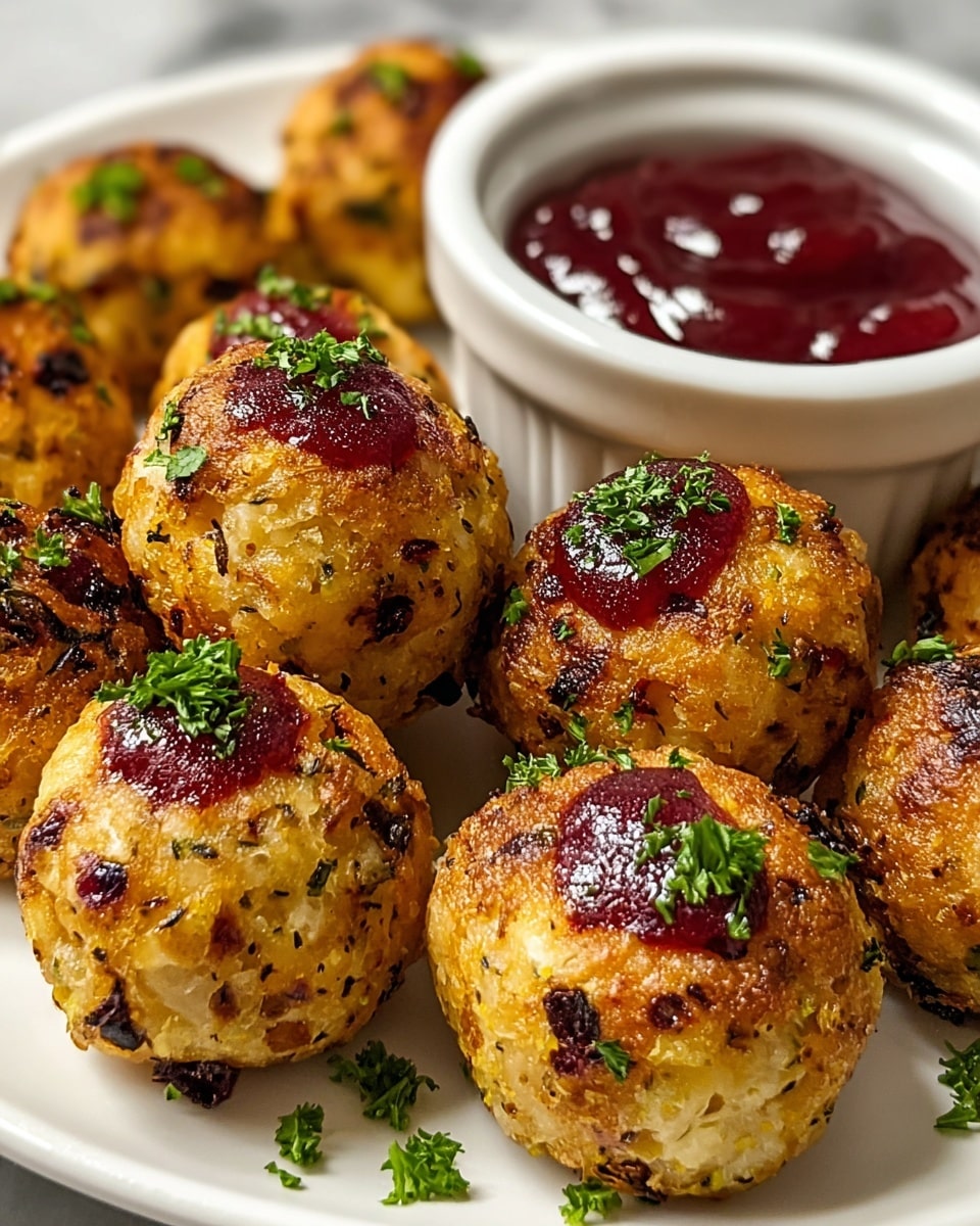 The image shows a group of golden-brown, round, crispy bite-sized balls arranged closely on a white plate on a white marbled surface. Each ball has a textured surface with visible bits of herbs and spices, small spots of dark brown char, and red dots of sauce or fruit pieces. Some balls are topped with a glossy deep red dollop and sprinkled with freshly chopped green parsley. Behind the balls, a white ramekin filled with smooth, thick, shiny deep red sauce is placed. Extra green parsley pieces are scattered on the plate around the balls. photo taken with an iphone --ar 4:5 --v 7