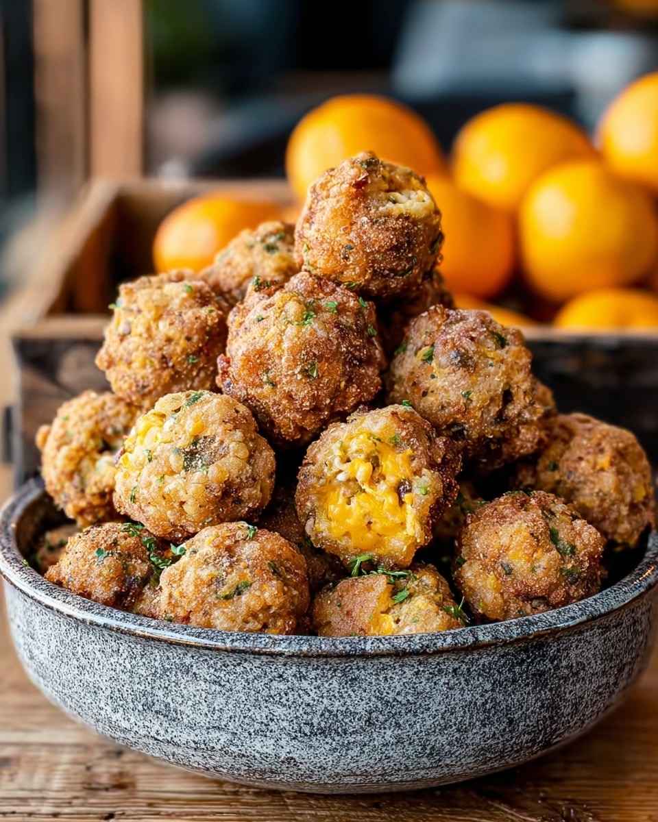 A large bowl filled with small, round fried cheese balls piled high. Each ball has a rough, crispy texture with a golden brown crust, with some bright yellow melted cheese visible through the crunchy coating. The balls vary slightly in size and show bits of green herbs and small orange pieces inside. The bowl is heavy and speckled gray, placed on a wooden surface, with a tray of oranges blurred in the background. photo taken with an iphone --ar 4:5 --v 7