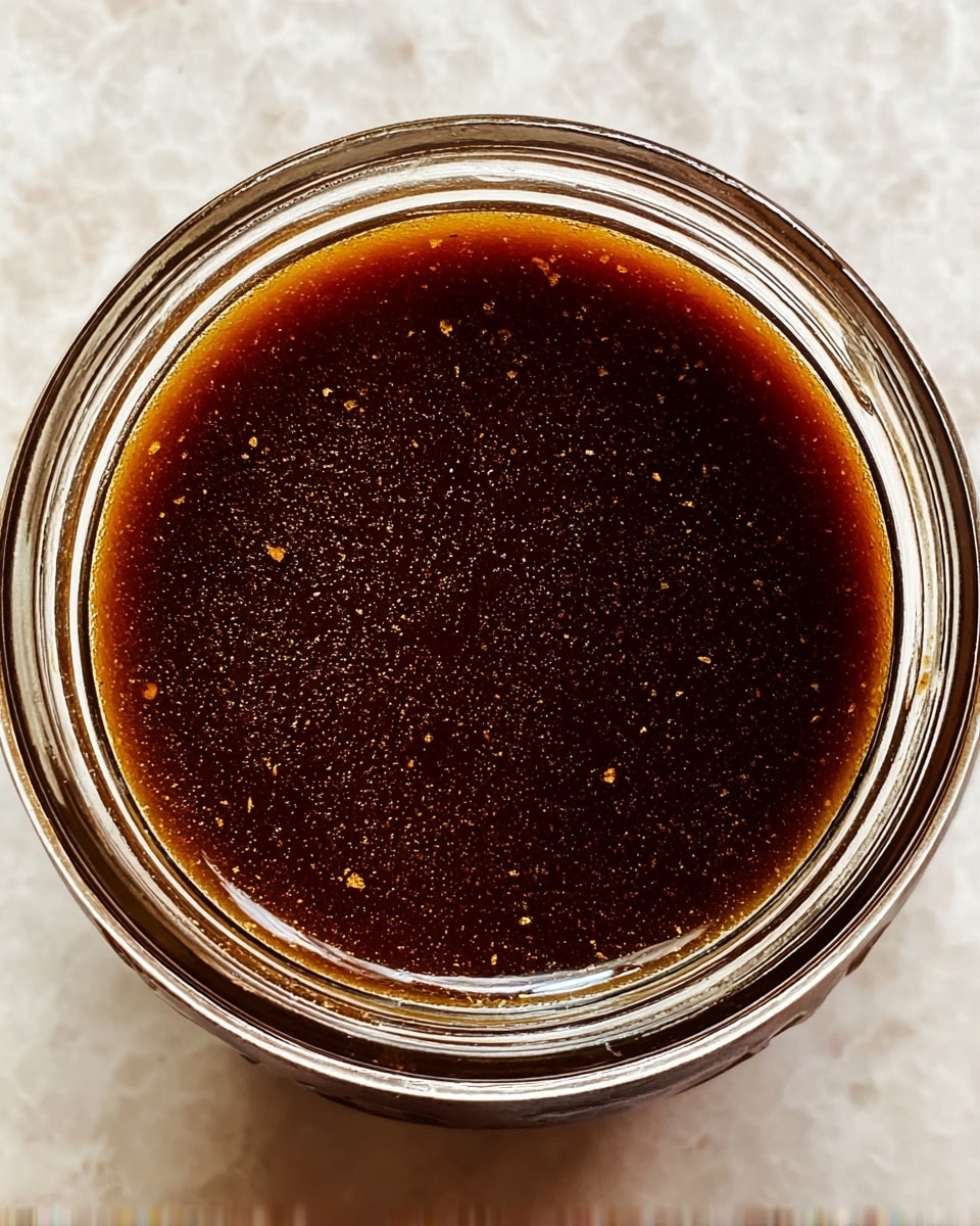 The image shows a close-up top view of a small glass jar filled to the brim with a smooth, dark brown liquid sauce that has a glossy, slightly speckled surface with tiny bits scattered throughout. The jar’s clear glass rim is visible, and it sits on a white marbled texture background. photo taken with an iphone --ar 4:5 --v 7