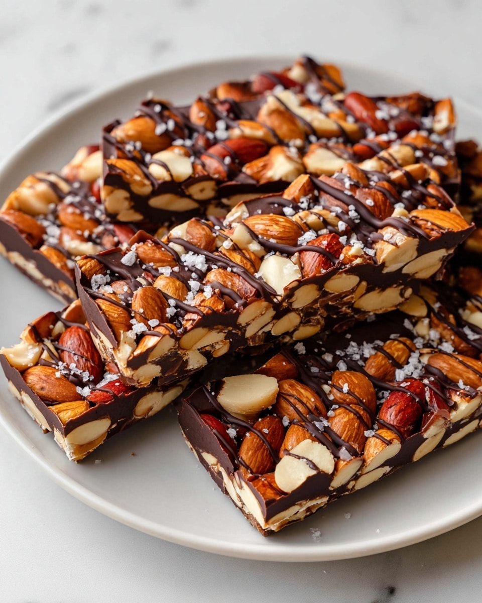 A white plate holds several rectangular nut bars arranged overlapping each other, each bar has two main layers; the bottom layer is a smooth dark brown chocolate base, and the top layer is a mix of whole and halved light brown and reddish almonds, and peanuts tightly packed together. Dark chocolate is drizzled over the top in thin lines, with small sprinkles of coarse white salt scattered on the nuts. The white plate sits on a surface with a white marbled texture. photo taken with an iphone --ar 4:5 --v 7