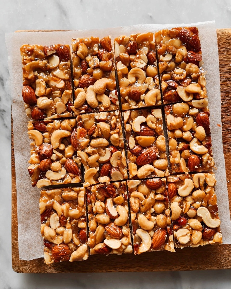 A rectangular nut bar cut into six equal pieces sits on parchment paper over a wooden board on a white marbled surface. The bar has one thick visible layer filled with whole almonds, cashews, peanuts, and walnuts tightly packed together, showing varying shades of brown and tan with a glossy, slightly sticky texture holding the nuts together. Visible knife cut lines separate the pieces clearly. The overall look is rich and crunchy. photo taken with an iphone --ar 4:5 --v 7