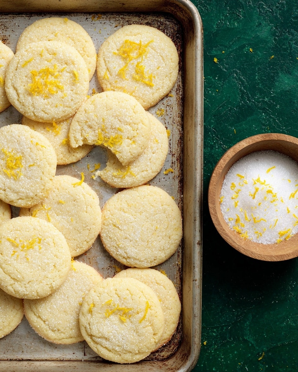 A metal baking tray holds about a dozen round sugar cookies, each with a light golden color and a soft, slightly crumbly texture. The cookies have a thin layer of granulated sugar coating their tops, along with small bits of bright yellow lemon zest scattered over them. One cookie near the bottom left has a visible bite taken out, showing its soft inside. On the right side of the tray, there is a small wooden bowl filled with white granulated sugar mixed with lemon zest. The tray is placed on a dark green surface, but this should be imagined as a white marbled texture. photo taken with an iphone --ar 4:5 --v 7