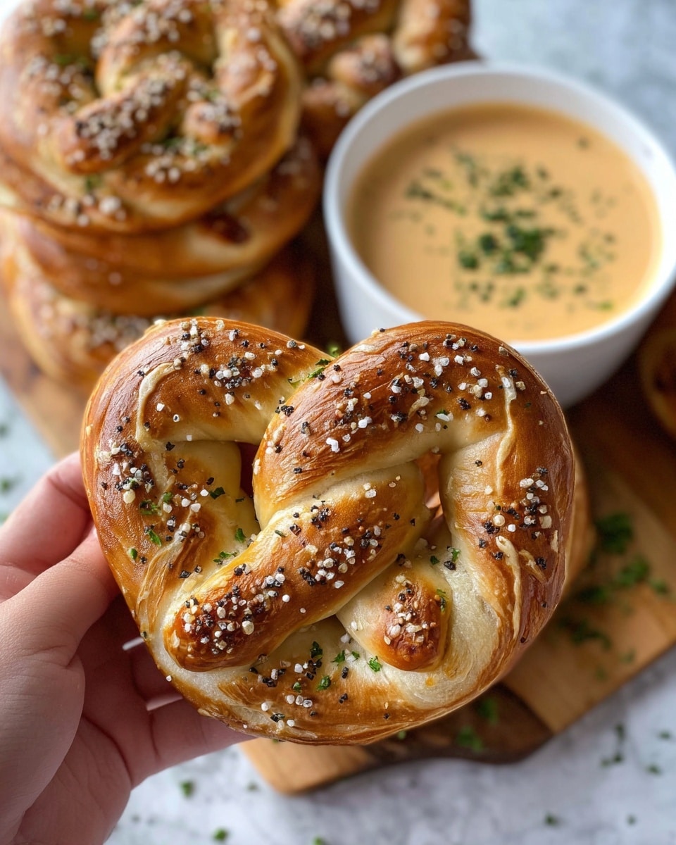 A close-up of a golden brown soft pretzel sprinkled with coarse salt and black pepper flakes, showing a twisted knot shape with a slightly shiny, crispy crust. The pretzel is held by a woman's hand, with a white bowl of creamy, light orange cheese sauce garnished with green herbs in the background, placed on a white marbled surface. Several other pretzels are stacked behind the bowl, displaying similar textures and colors. photo taken with an iphone --ar 4:5 --v 7