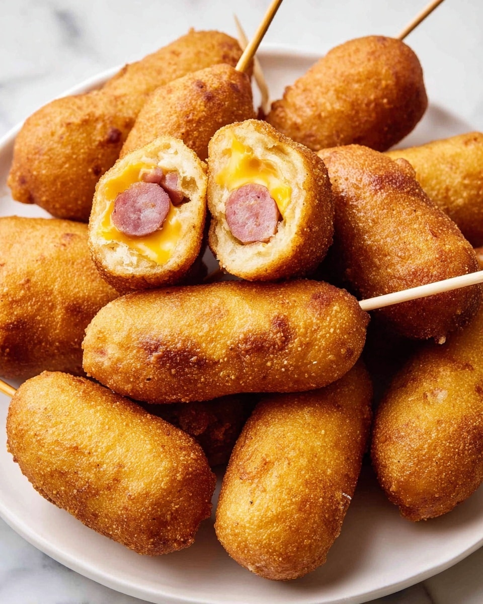 A white plate filled with several mini corn dogs, each with a crispy golden-brown outer layer that looks crunchy and fried. In the center, one corn dog is cut in half, showing three layers: the golden outer fried dough, a middle layer with melted bright yellow cheese, and the innermost layer of a pinkish sausage. Some corn dogs have small wooden sticks poking out from one end. The plate sits on a white marbled surface. photo taken with an iphone --ar 4:5 --v 7