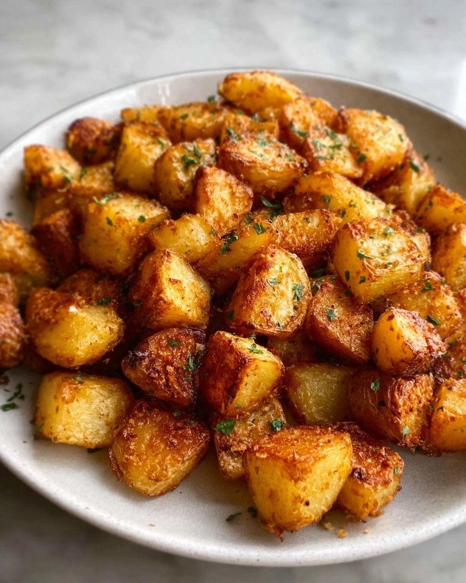 A white plate full of small, crispy golden brown roasted potato cubes with a slightly rough texture and sprinkled with green herbs on top. The potato pieces are evenly cooked, showing a mix of crunchy edges and soft centers, piled in a loose mound in the center of the plate. The background is a white marbled texture. photo taken with an iphone --ar 4:5 --v 7
