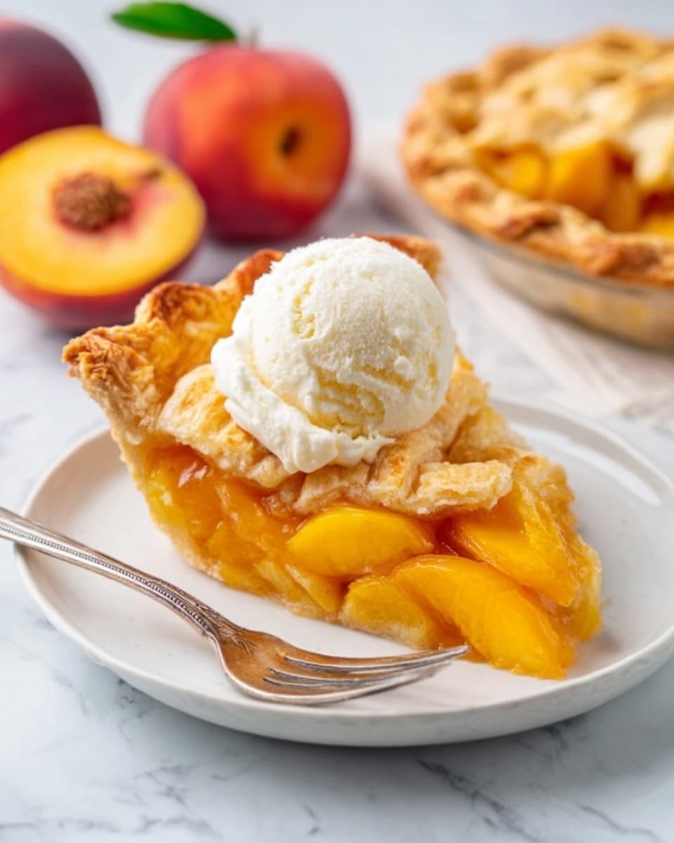 A slice of peach pie sits on a small, white plate on a white marbled surface. The pie has a thick, golden brown crust with crispy edges, filled with bright orange peach slices that look soft and juicy. On top of the peach filling, there is one scoop of creamy vanilla ice cream that looks smooth and slightly melting. Next to the plate, a silver fork is placed on the surface, and in the background, two whole peaches add a warm, natural touch. The photo is clear and bright. photo taken with an iphone --ar 4:5 --v 7